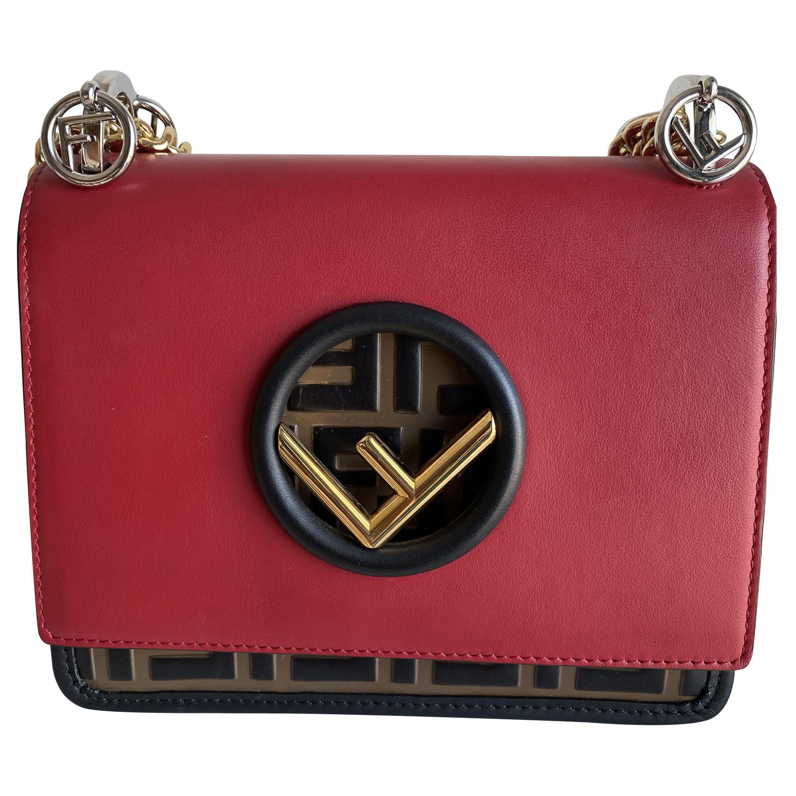 Fendi KAN I F SMALL Black Red Light brown Leather ref.221238