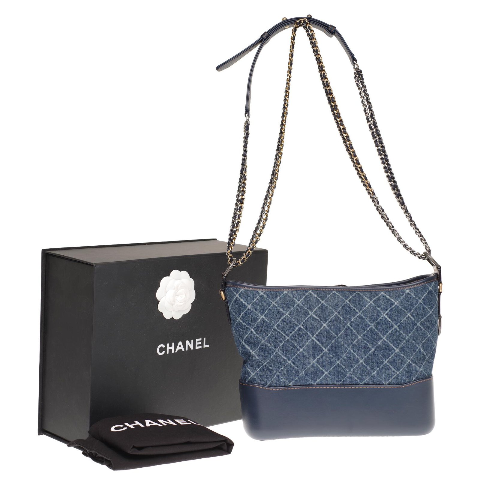 Lovely Chanel Gabrielle small model handbag in blue denim and gold