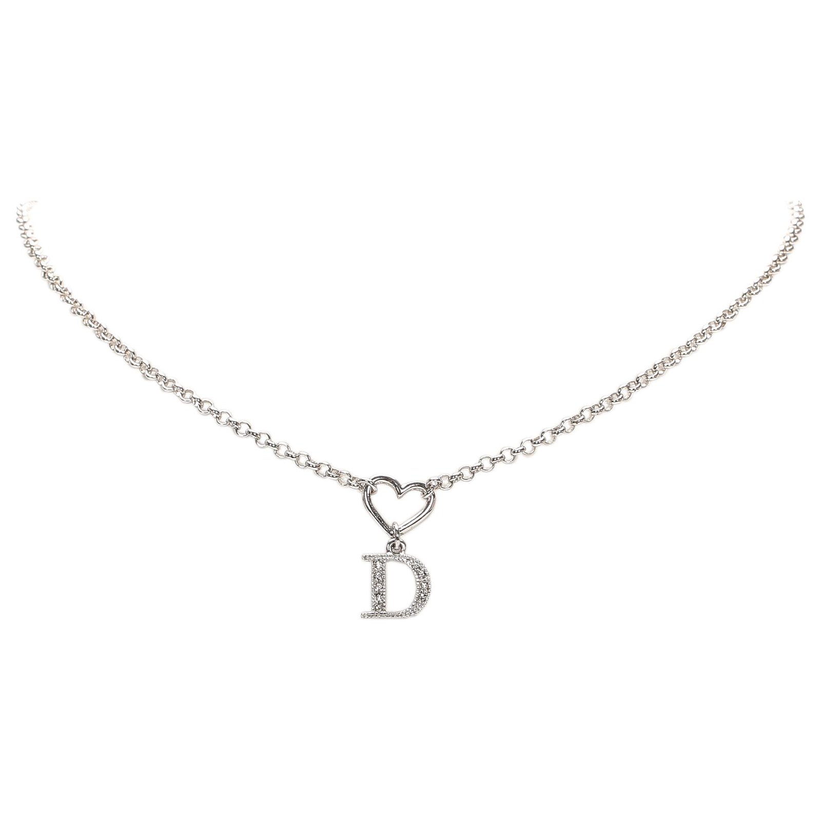 Dior Silver Heart Logo Rhinestone Necklace Silvery Metal ref
