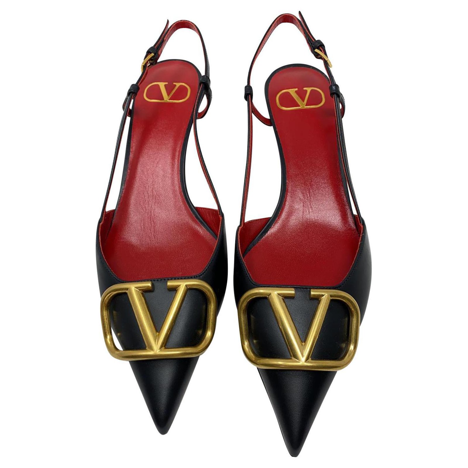 VALENTINO GARAVANI Valentino Garavani VLOGO leather slingback pumps Black Gold hardware ref ...