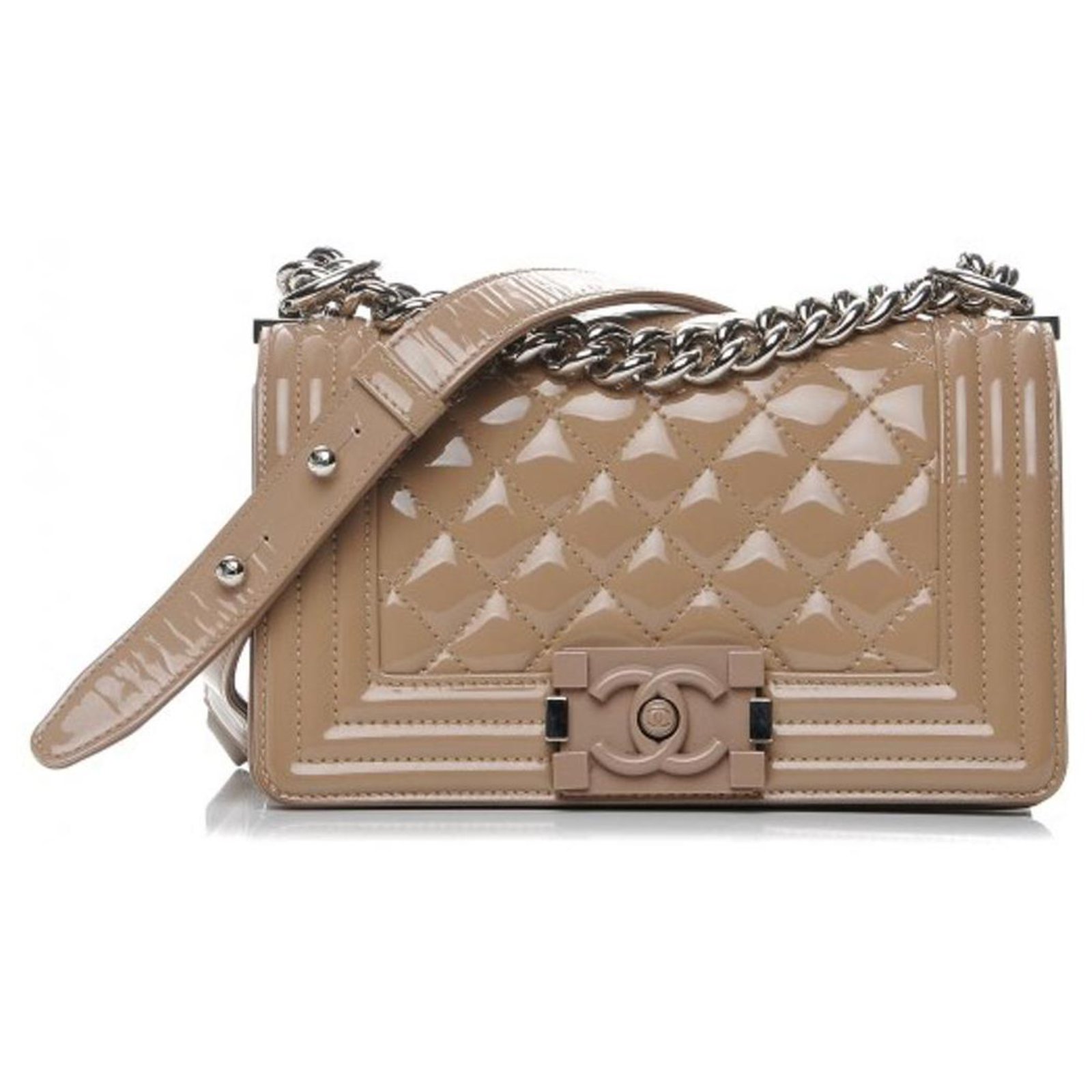 Chanel Boy mini bag Silvery Beige Patent leather ref.223142 - Joli Closet