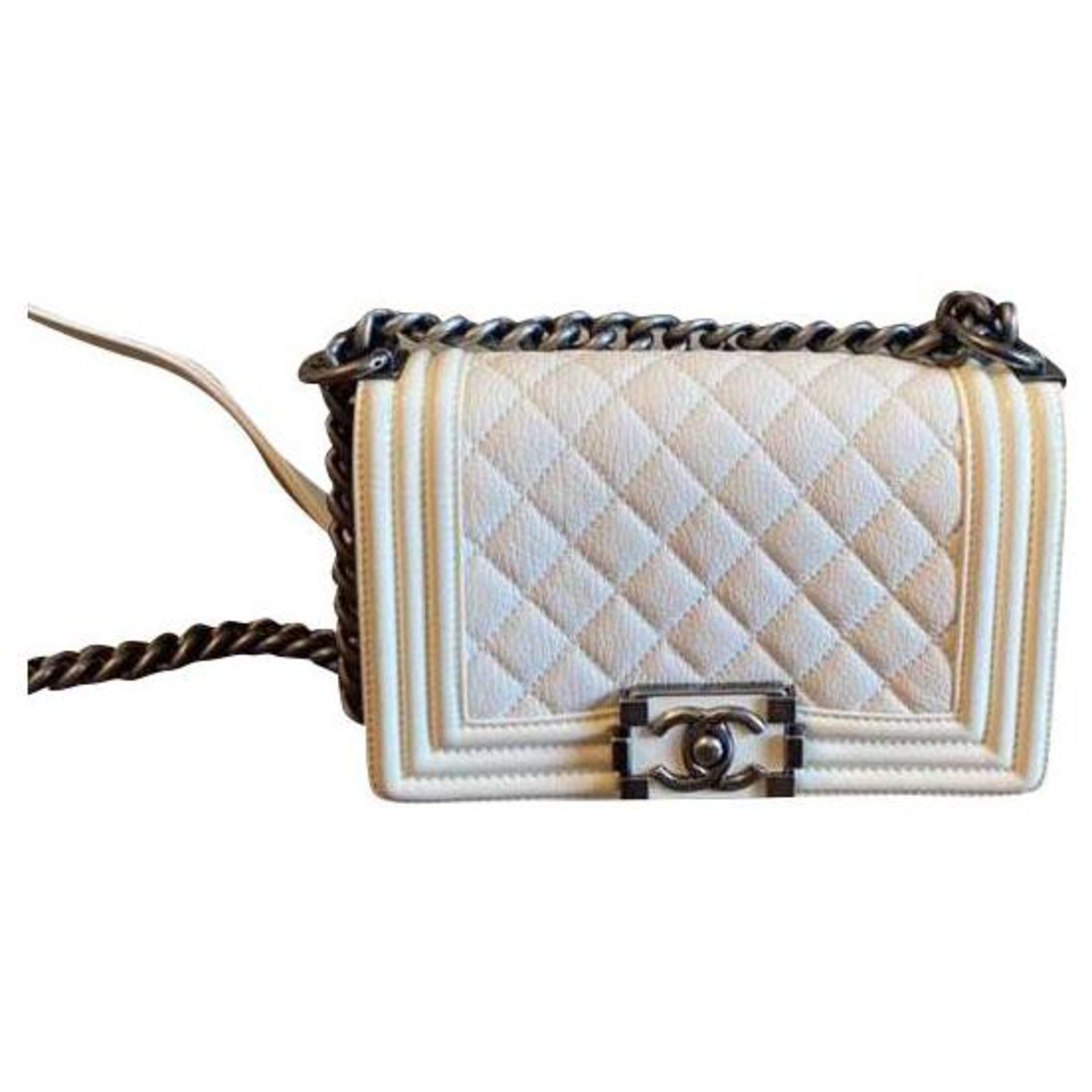 Chanel Boy mini bag Silvery White Cream Leather Patent leather ref.223143 -  Joli Closet
