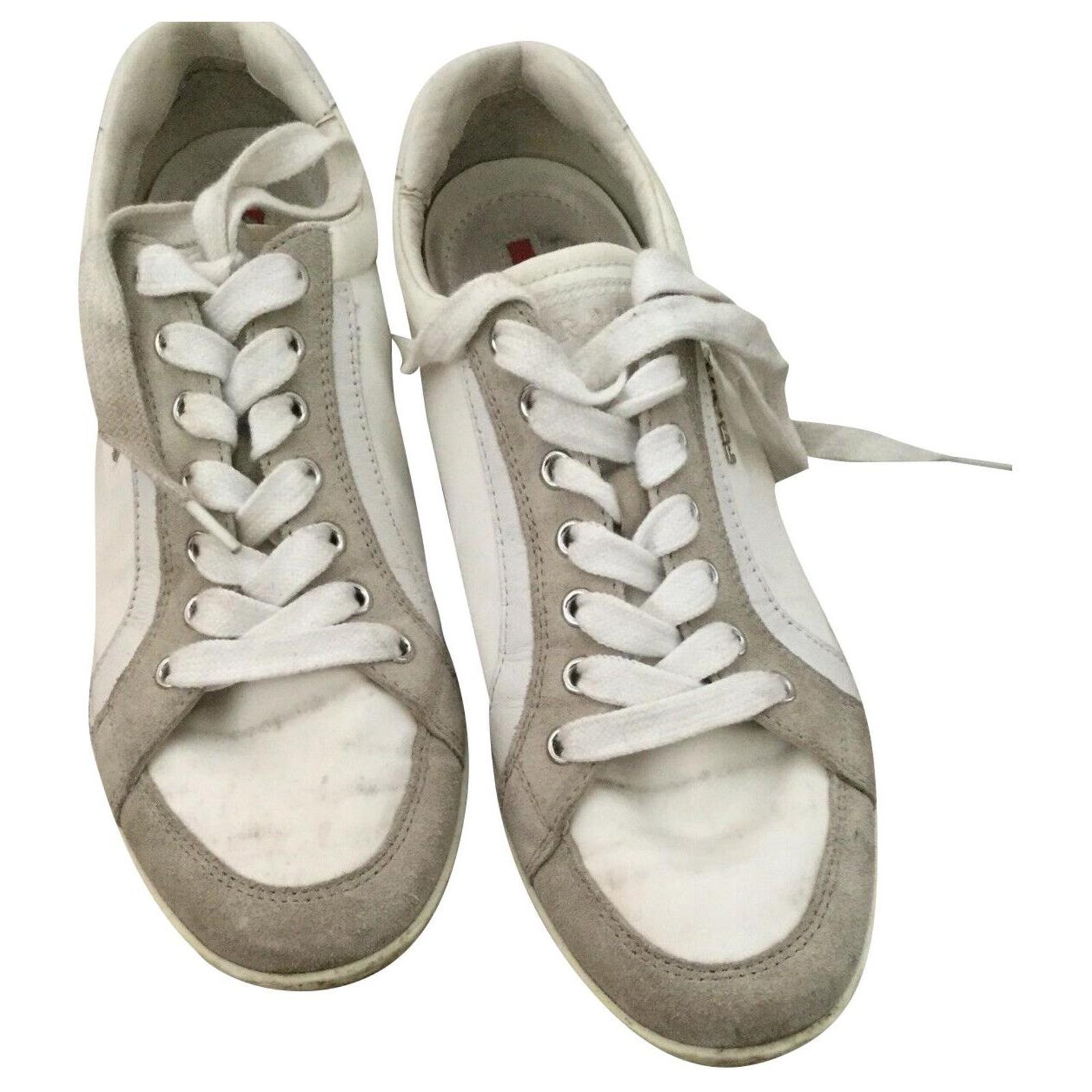 Prada Sneakers White Grey Suede Leather Cloth ref.223469 - Joli Closet