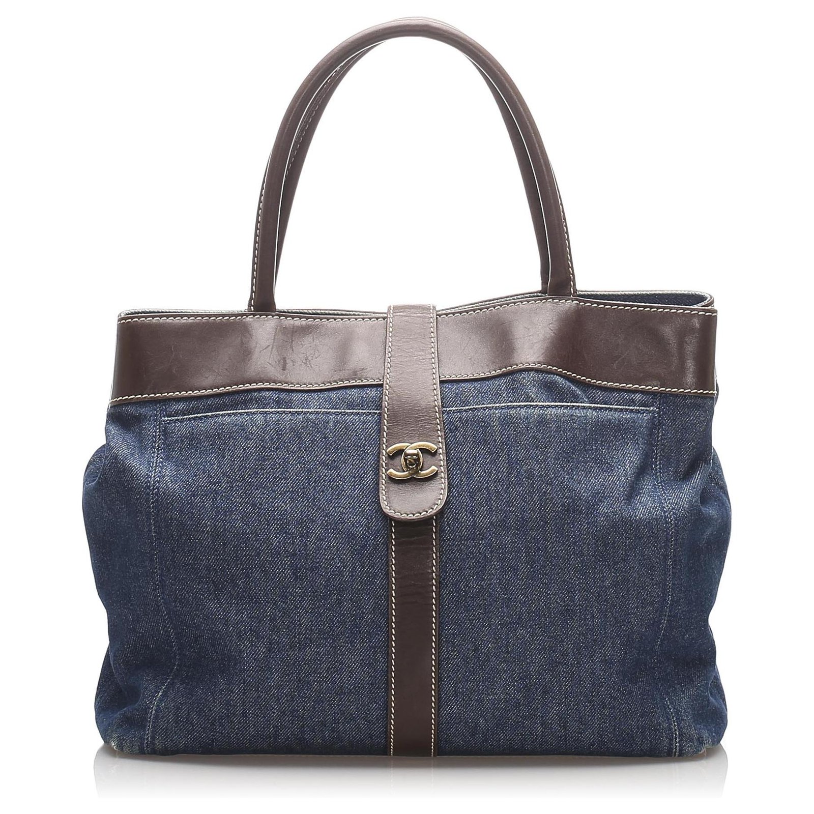 Chanel Blue CC Denim Tote Bag Brown Leather Pony-style calfskin Cloth  ref.223638 - Joli Closet