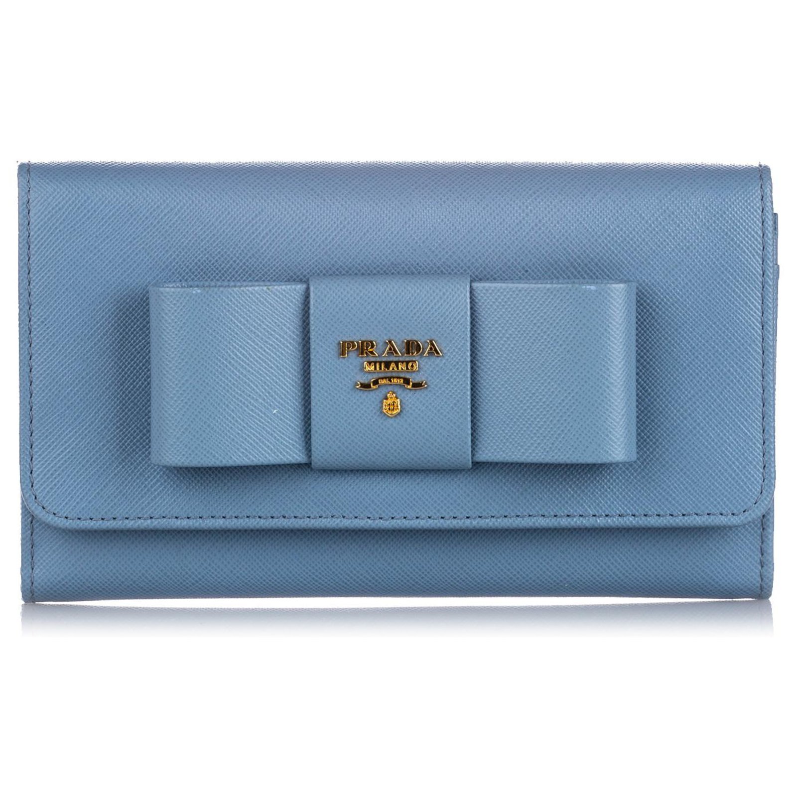 Prada Blue Saffiano Lux Bow Wallet On Strap Leather Pony-style calfskin  ref.223710 - Joli Closet