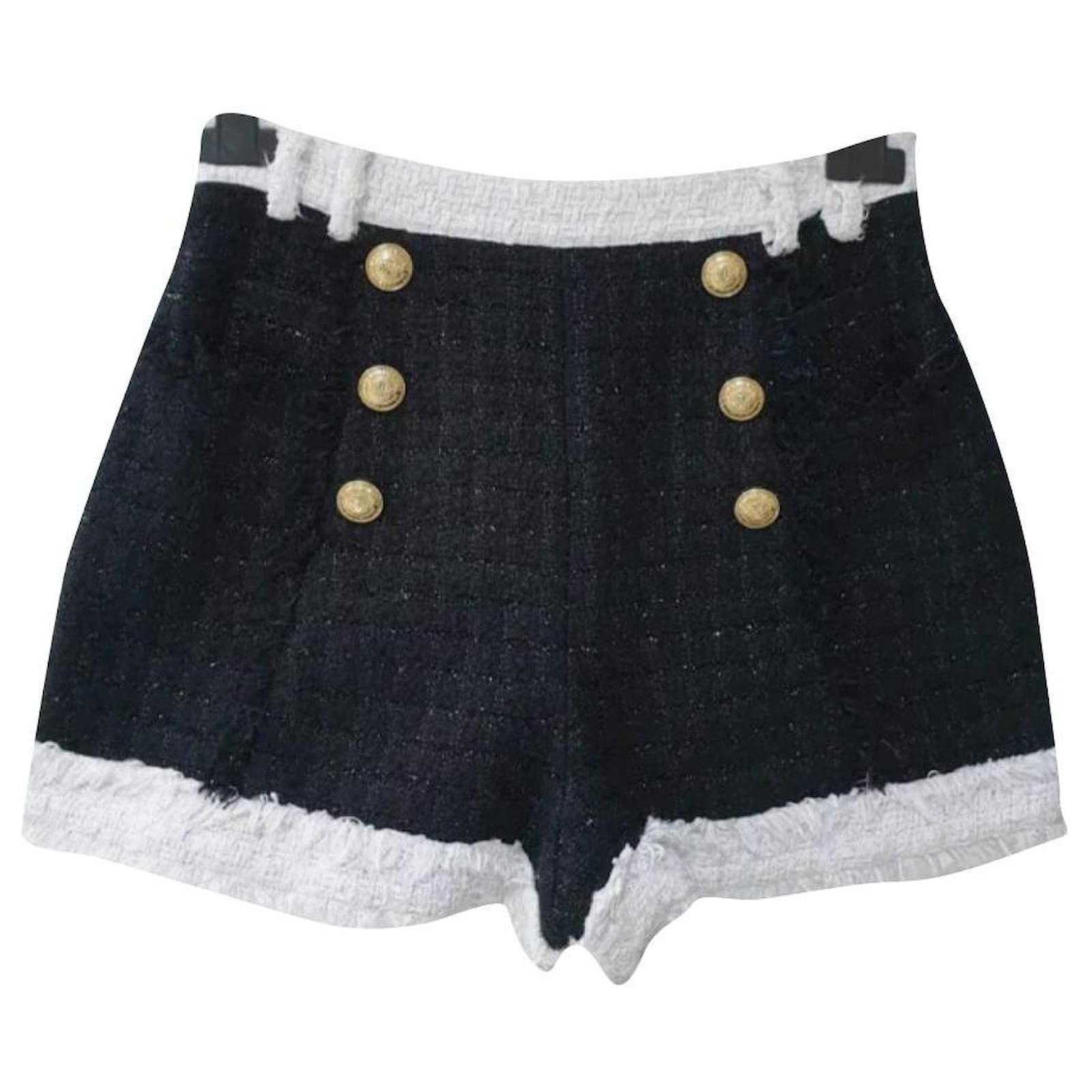 Balmain Black White Tweed Button Shorts 