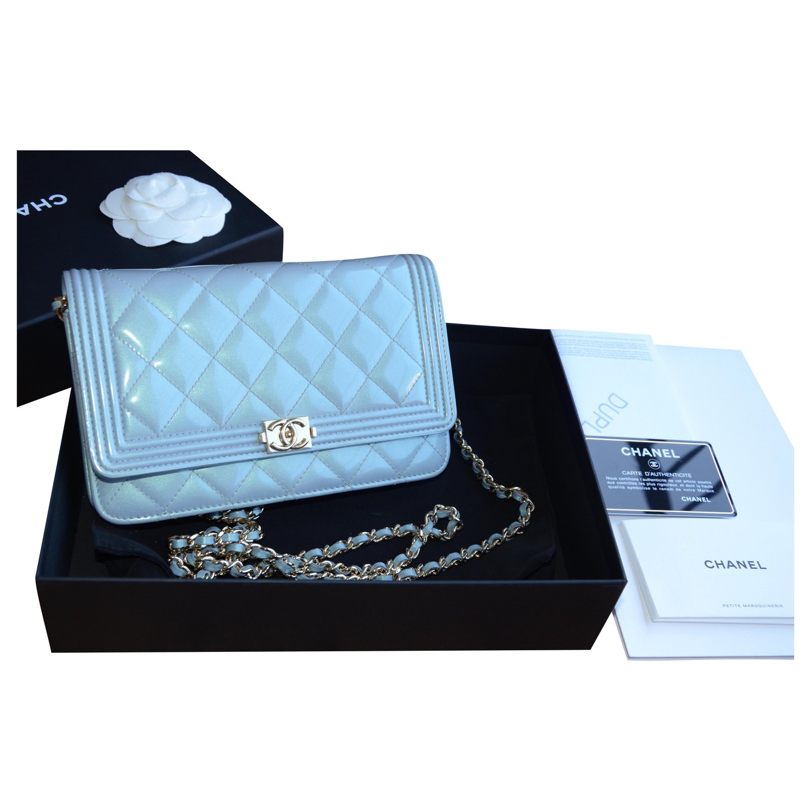 Chanel WOC Wallet on Chain Boy bag in beige caviar leather Blue Golden  Light blue Turquoise Patent leather ref.225224 - Joli Closet