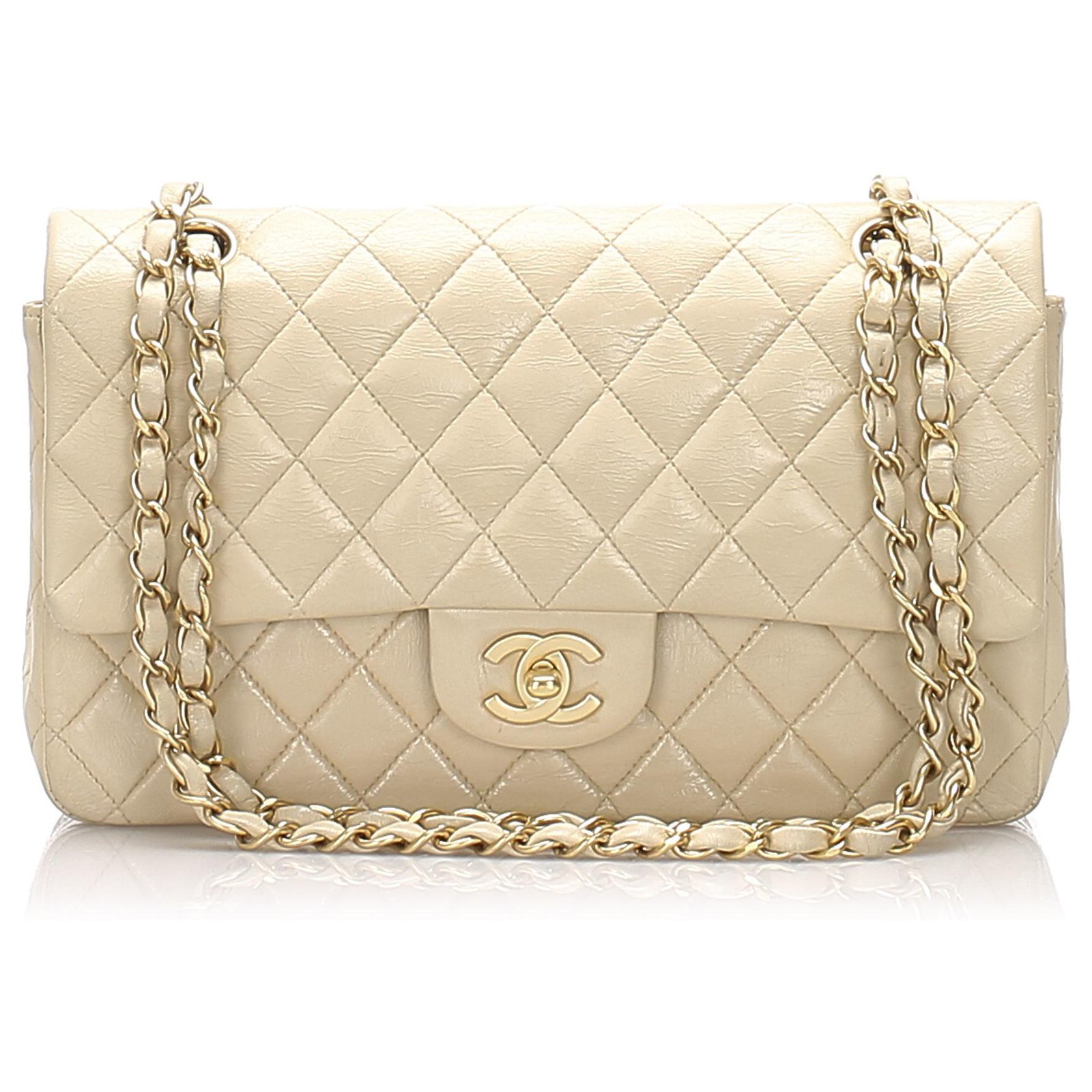 Chanel Brown Medium Classic Lambskin lined Flap Bag Beige Leather