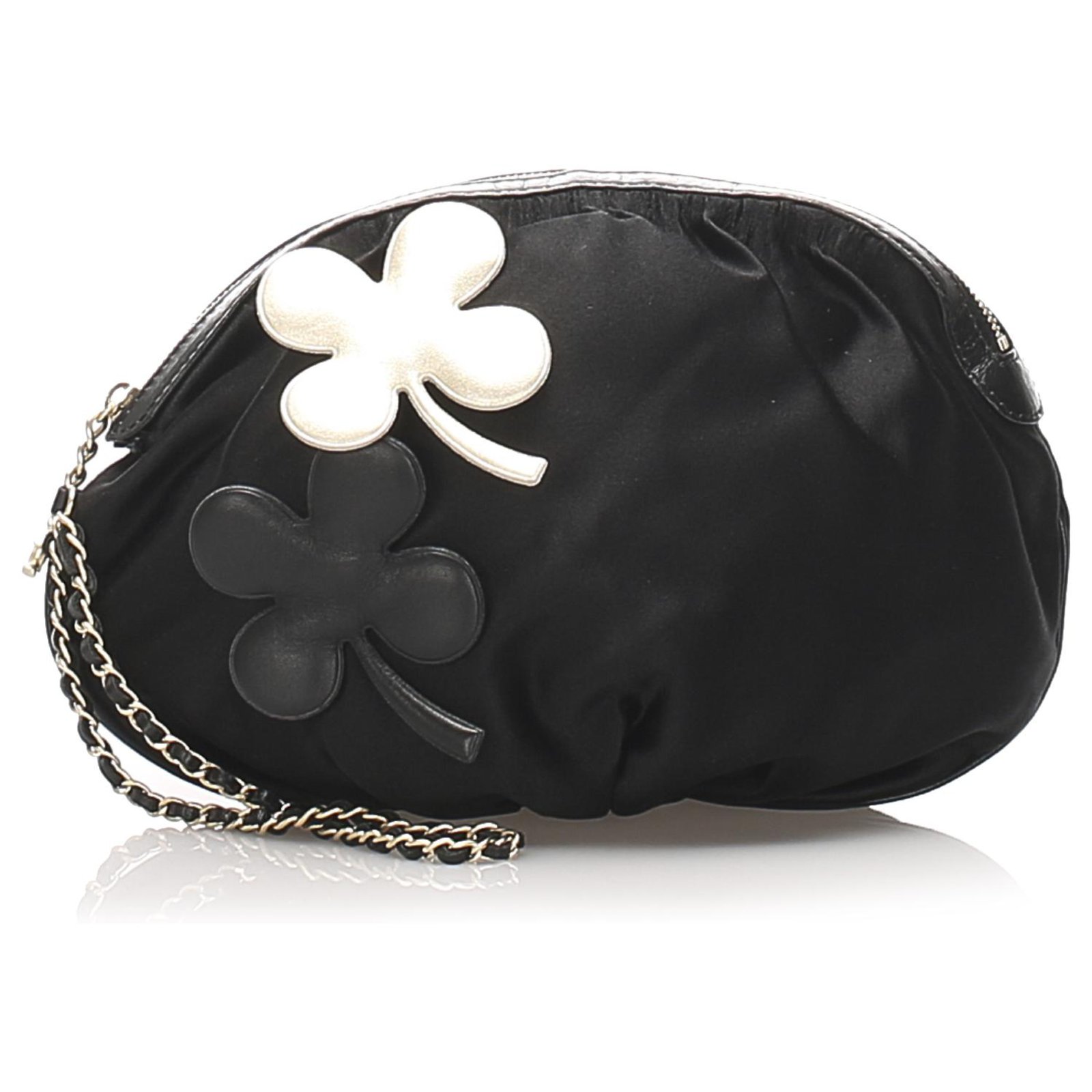 Chanel Black Four Leaf Clover Satin Clutch Bag White Leather Pony-style  calfskin Cloth ref.226564 - Joli Closet