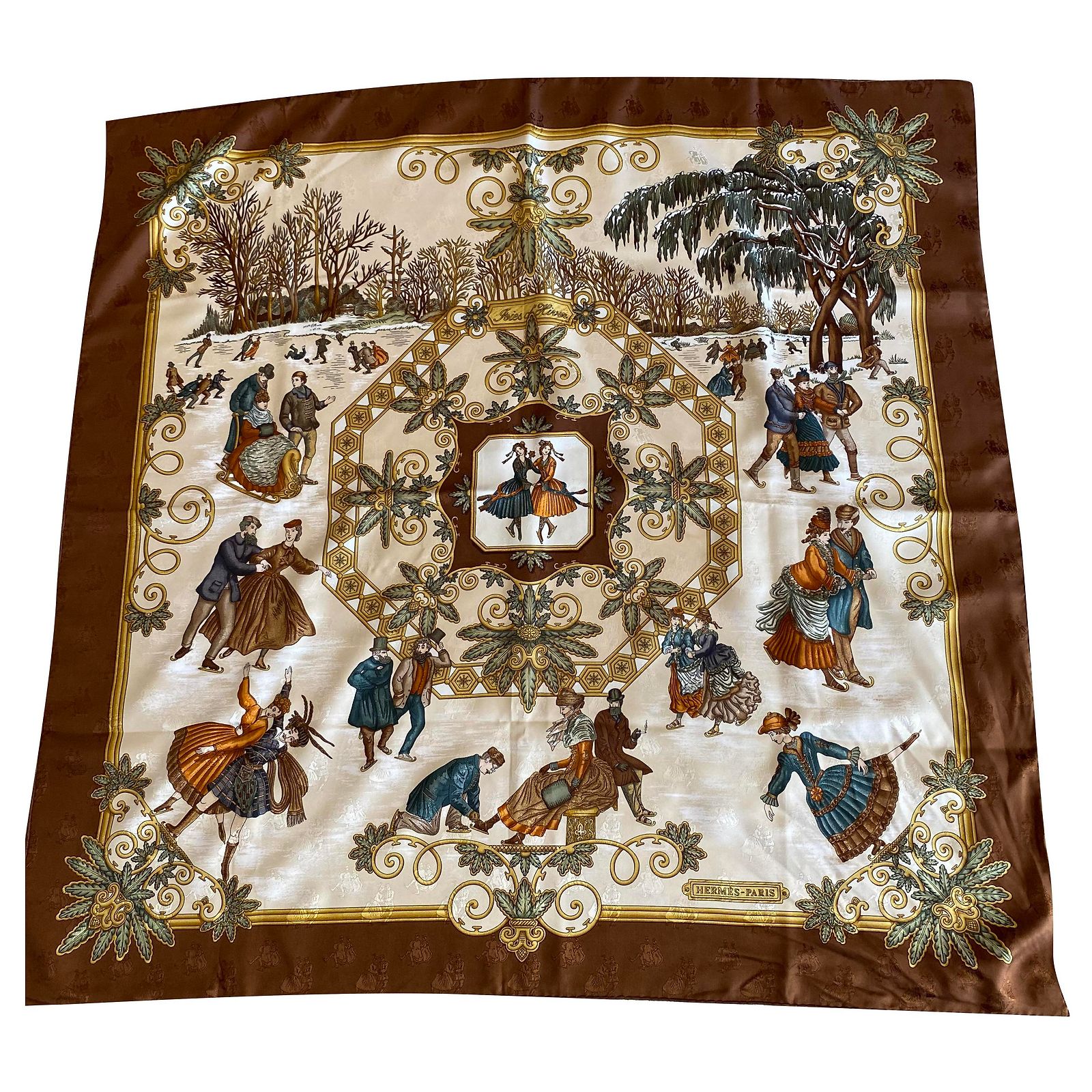 Foulard HERMÈS 100% Soie - Modèle Carrousel Vintage - Noir - Occasion
