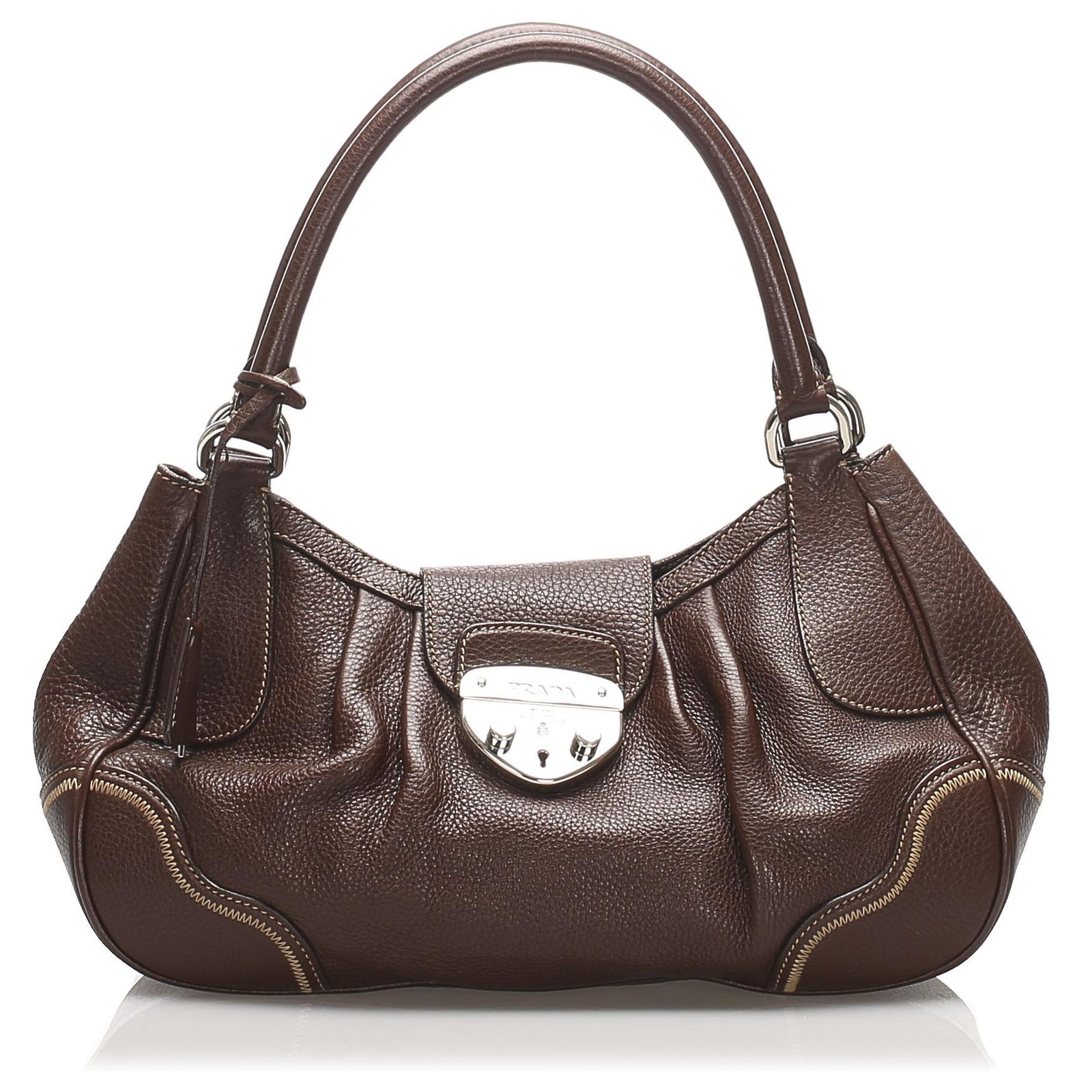 Prada Brown Vitello Daino Sound Lock Handbag Dark brown Leather
