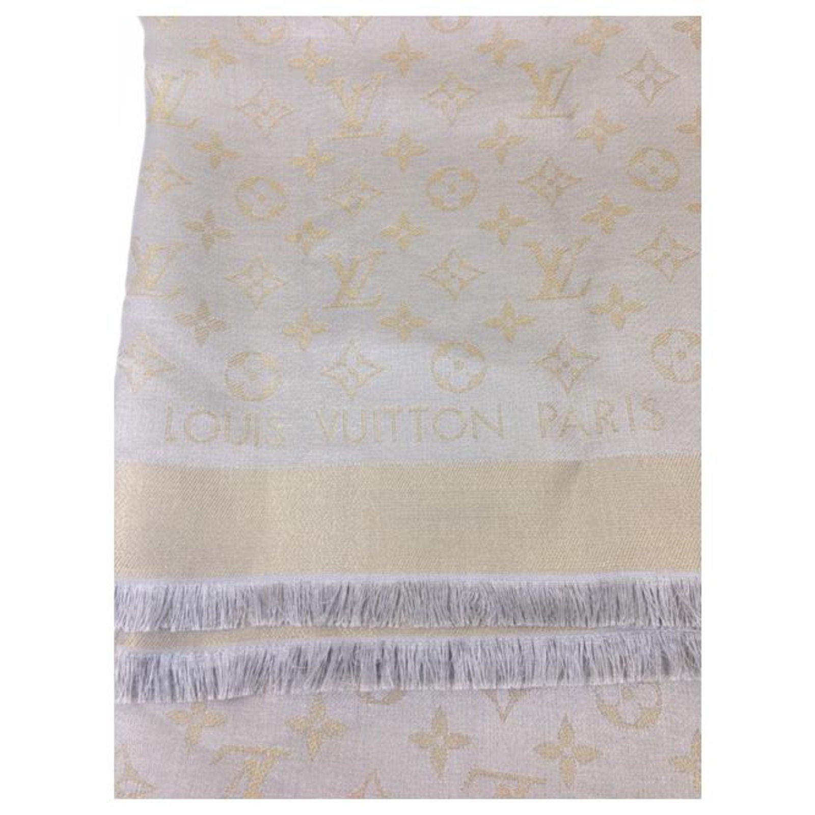 Louis Vuitton, Accessories, Louis Vuitton Monogram Grey Beige Silk Wool  Shine Shawl