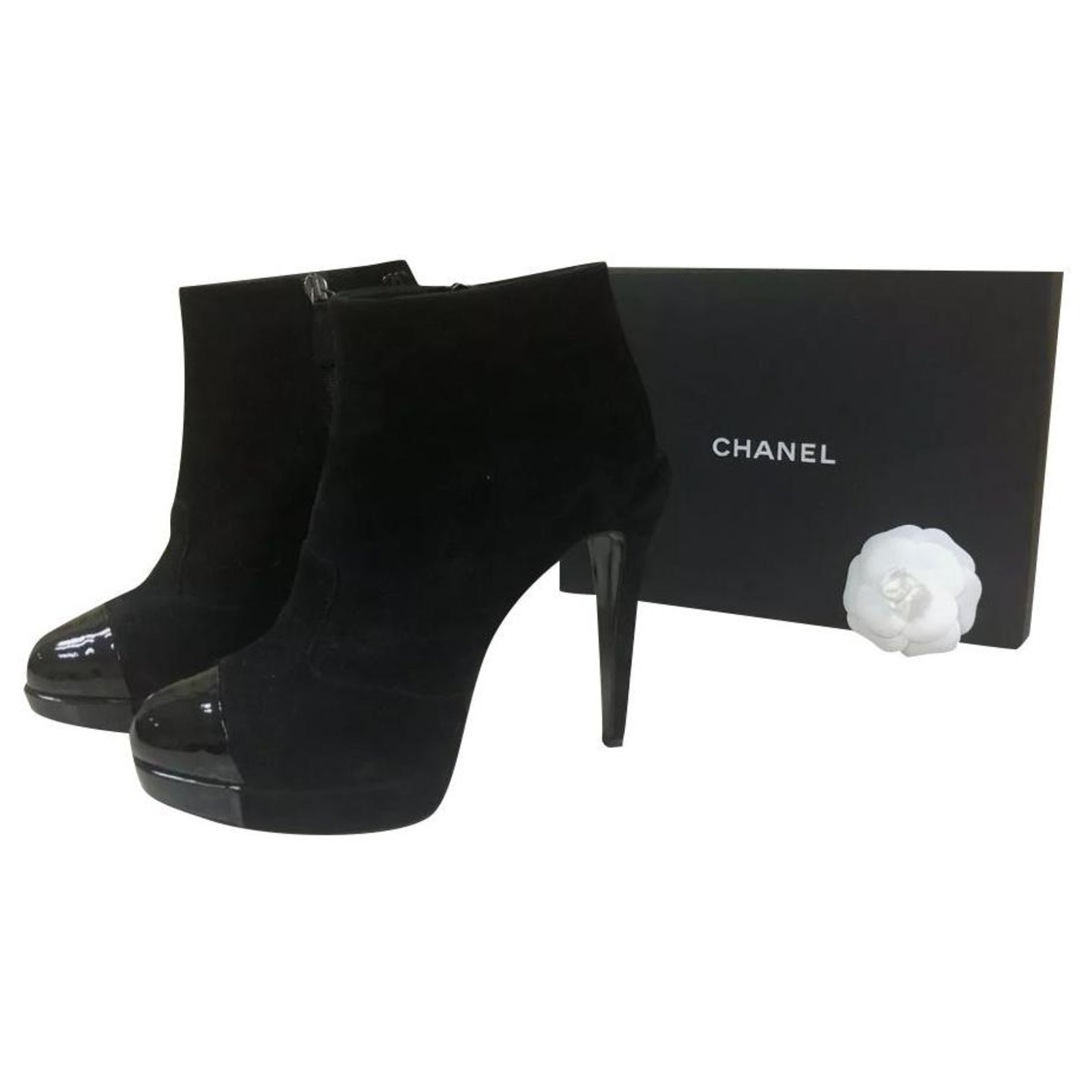 Chanel Black Suede Patent Leather Logo CC Ankle Boots Booties Sz. 38,5   - Joli Closet