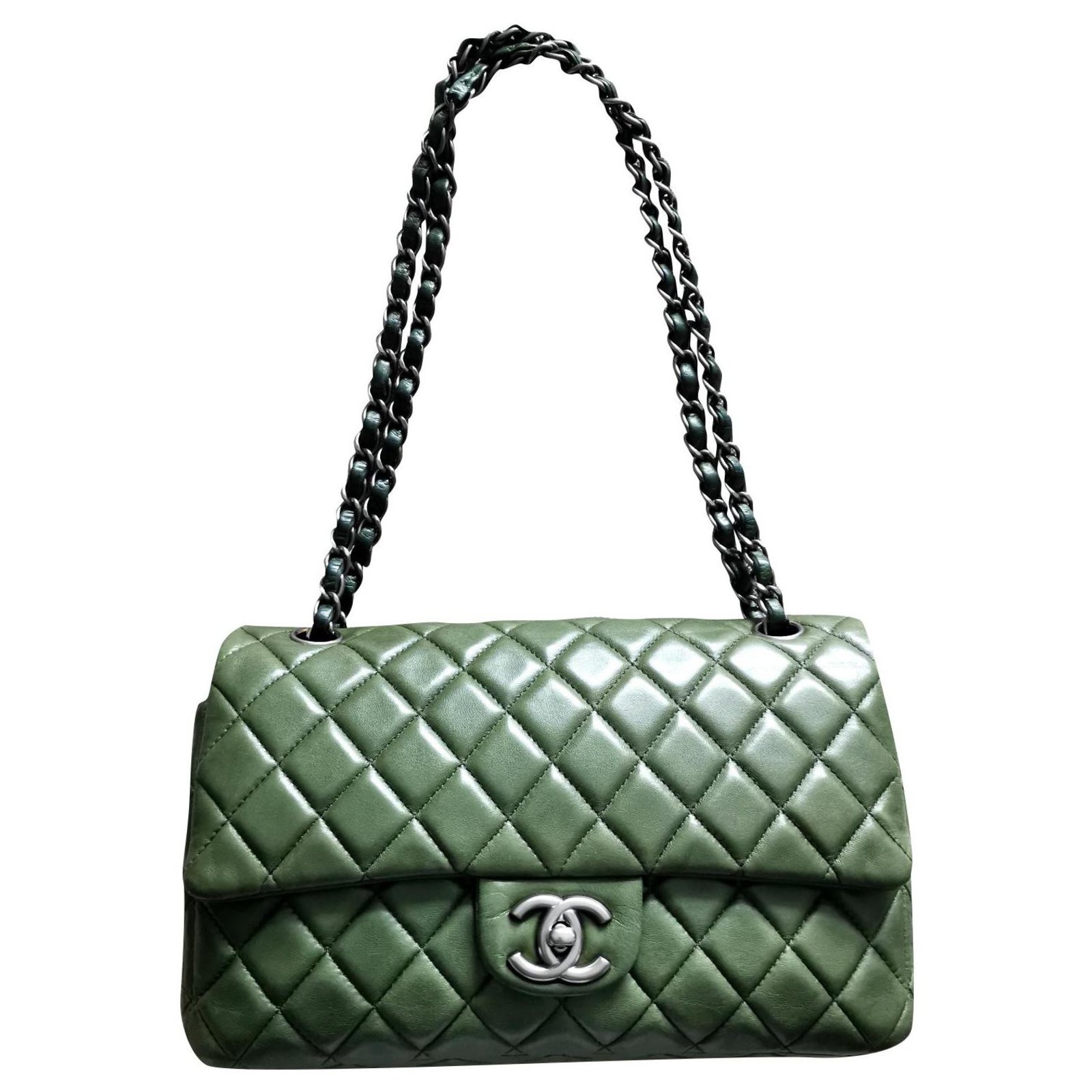 Chanel medium Timeless classic lined flap bag Dark green Leather