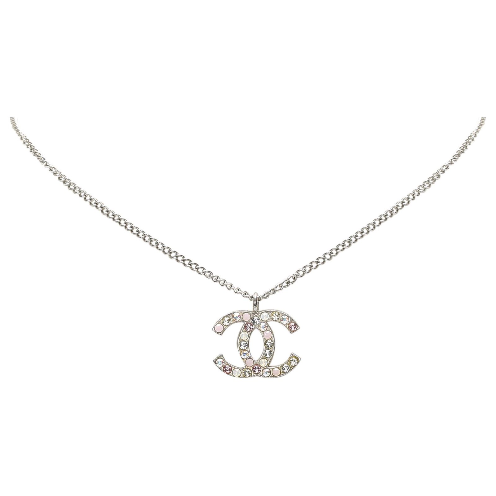Chanel Silver CC Rhinestone Pendant Necklace