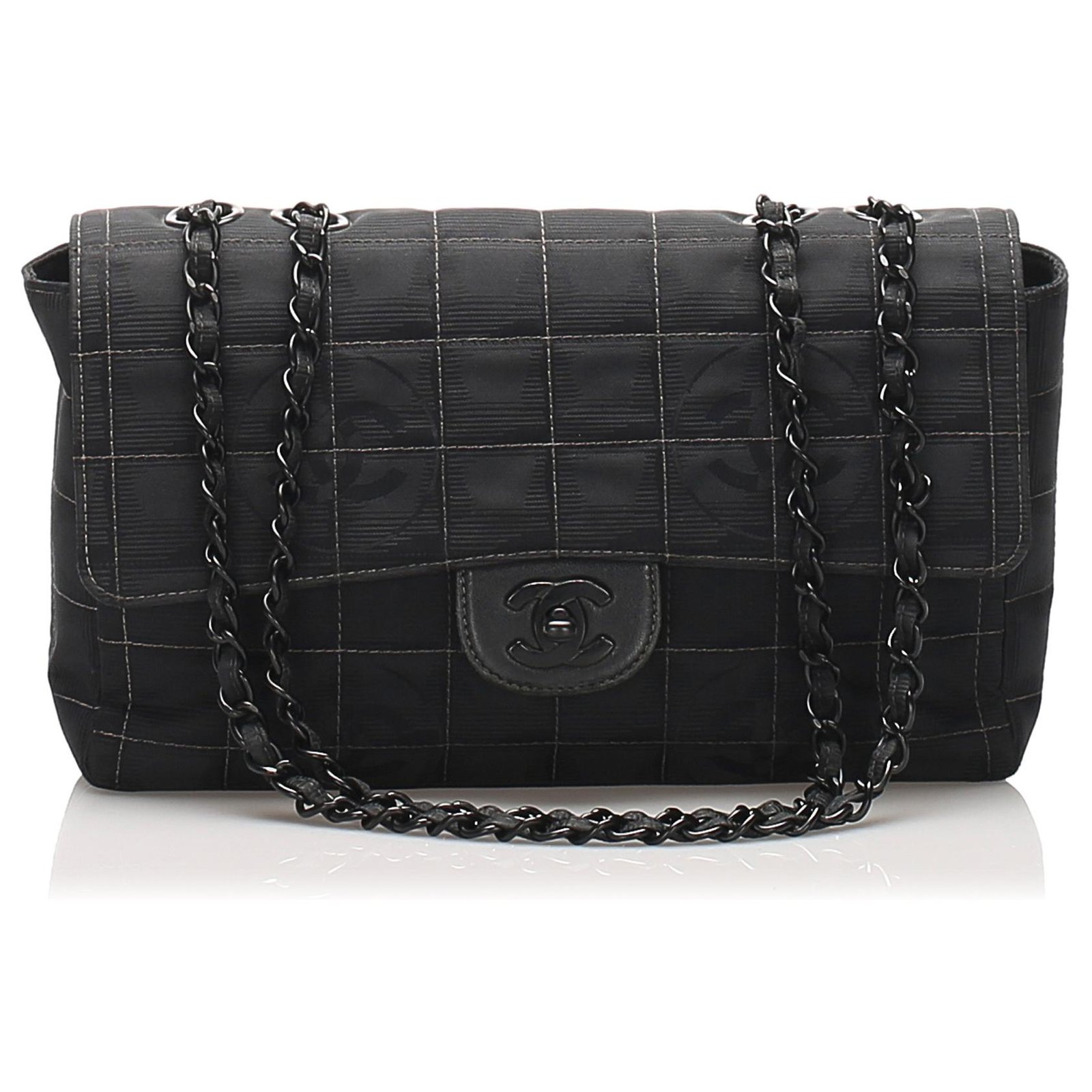 Chanel Black New Travel Line Nylon Single Flap Bag Metal Cloth ref