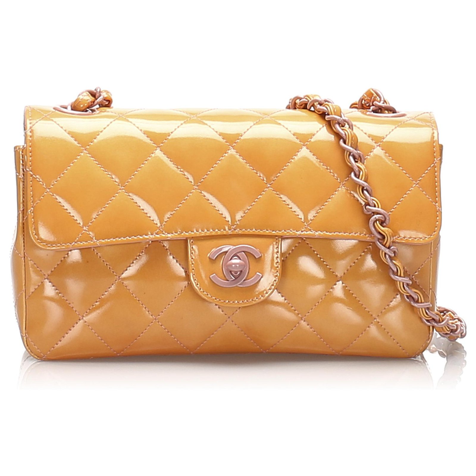 Chanel Orange Classic New Mini Patent Leather Single Flap Bag Pink