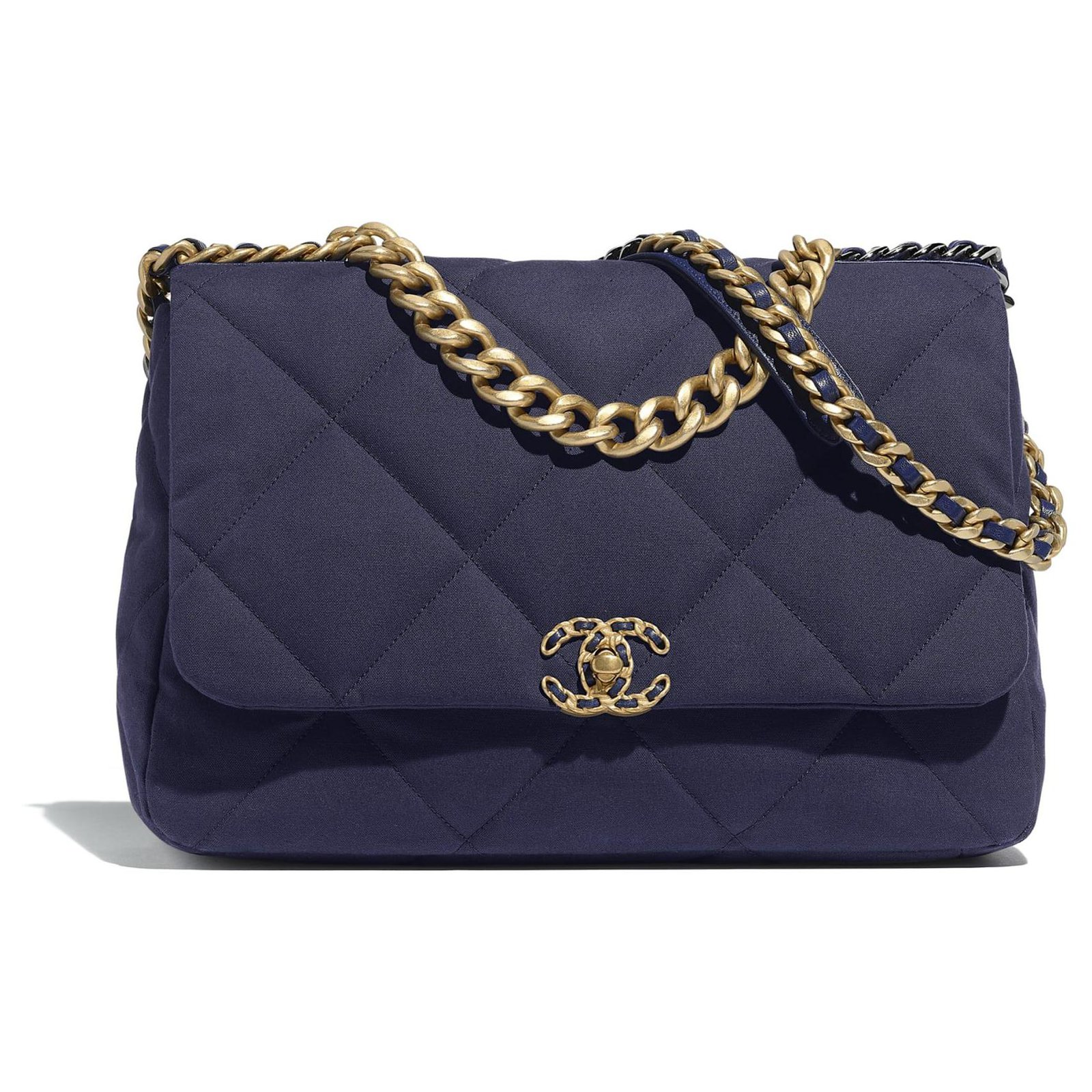 Chanel 19 Chanel bag 19 maxi Golden Navy blue Dark blue Cotton Cloth  ref.232830 - Joli Closet