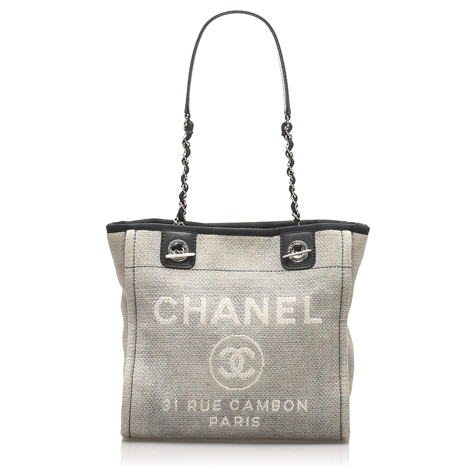 Chanel Gray Deauville Canvas Tote Bag Black Grey Leather Cloth
