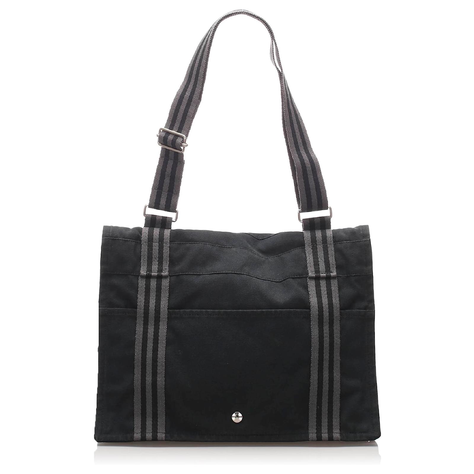 Herm?�s Gris cabas Besace MM Toile Tissu Noir ref.234122 - Joli Closet