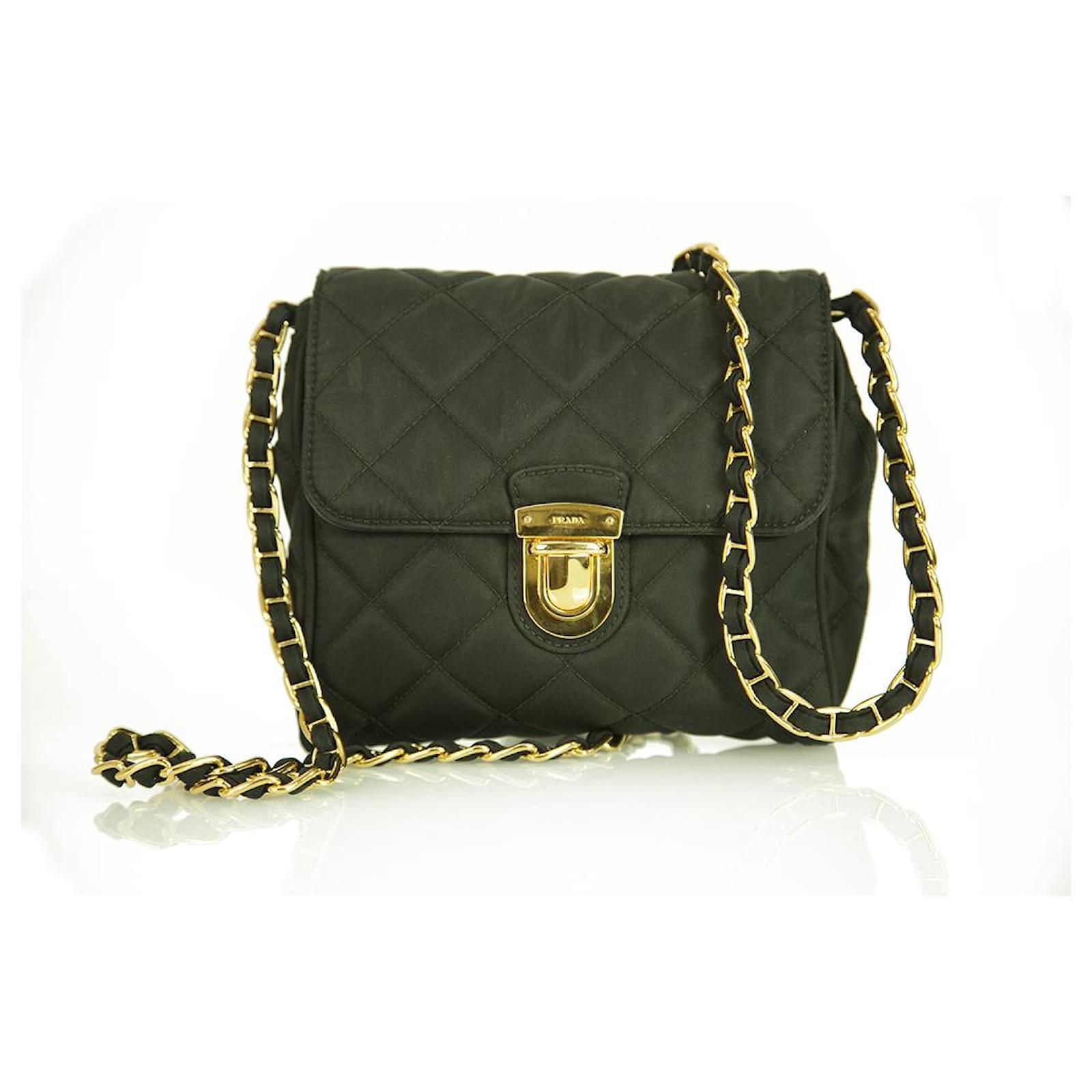Prada Black Crossbody Bag Quilted Tessuto Small size with gold tone  hardware Cloth  - Joli Closet