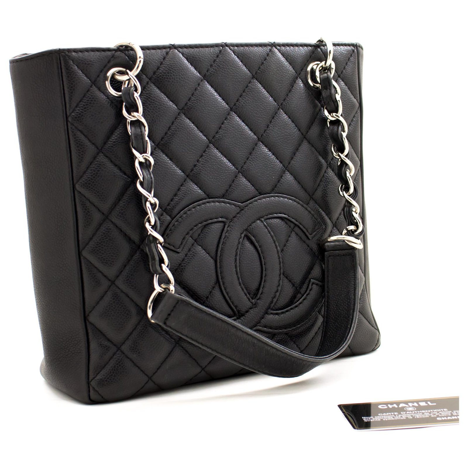 CHANEL Caviar PST Chain Shoulder Bag Shopping Tote Black Quilted ...