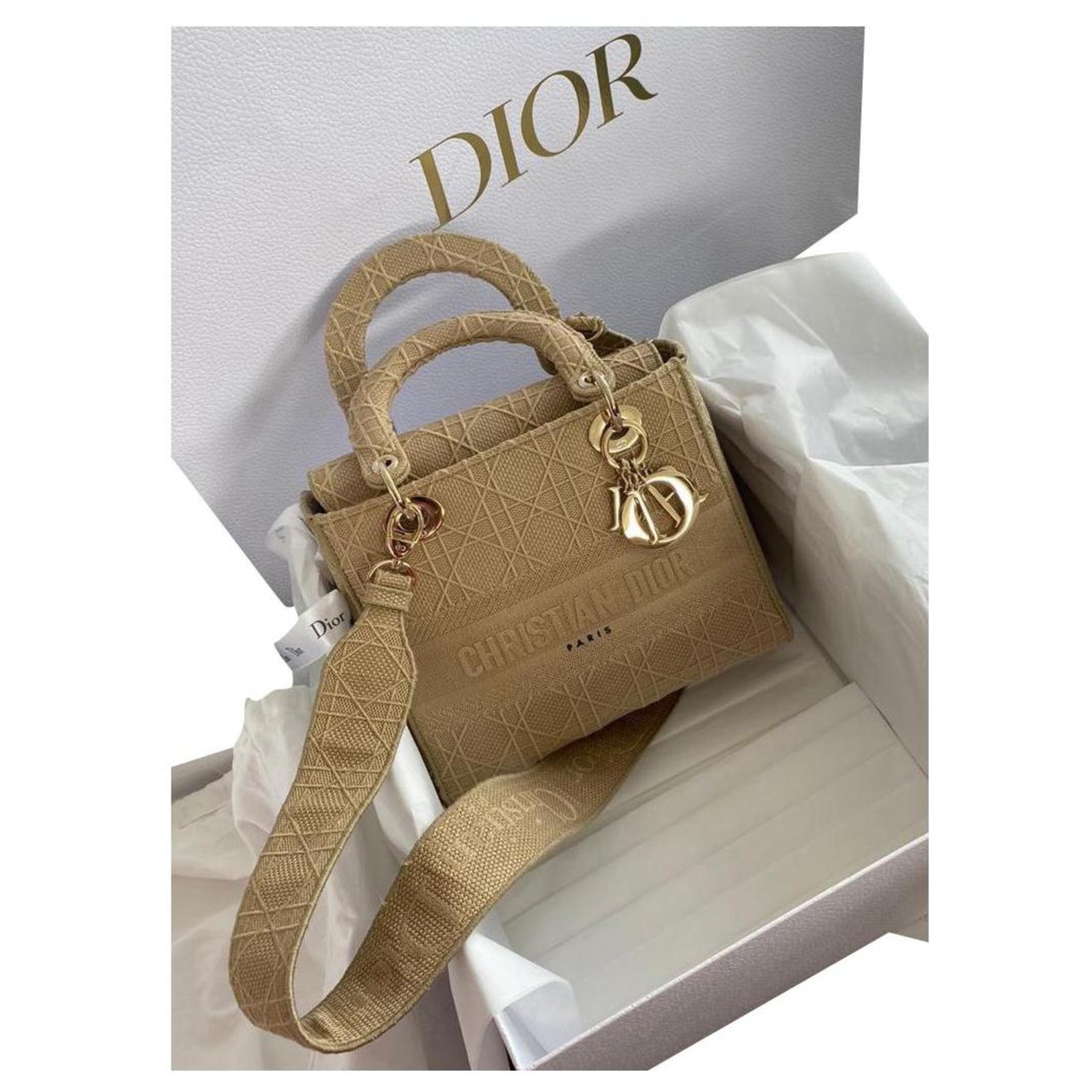 Lady Dior Christian Dior Lady D-LITE Medium bag Beige Golden Cloth