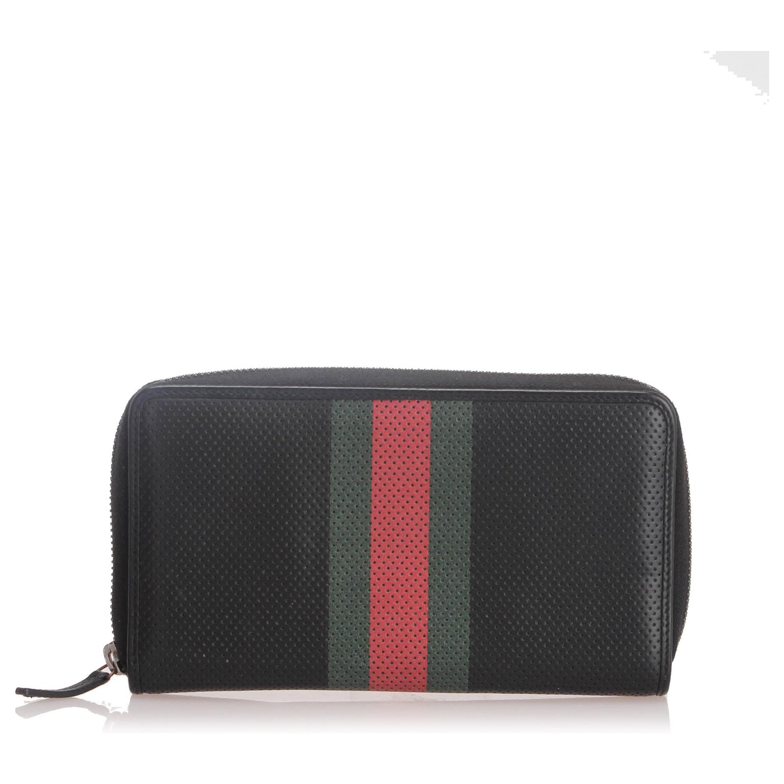 Gucci Black Web Perforated Leather Zip Around Wallet Multiple colors calfskin - Joli Closet