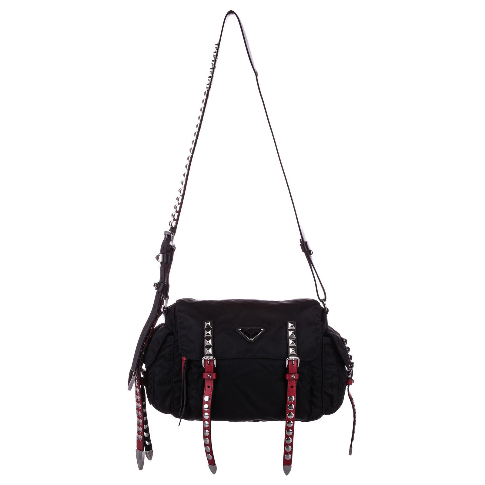 Prada Black Studded New Vela Crossbody Bag Red Nylon Cloth  -  Joli Closet