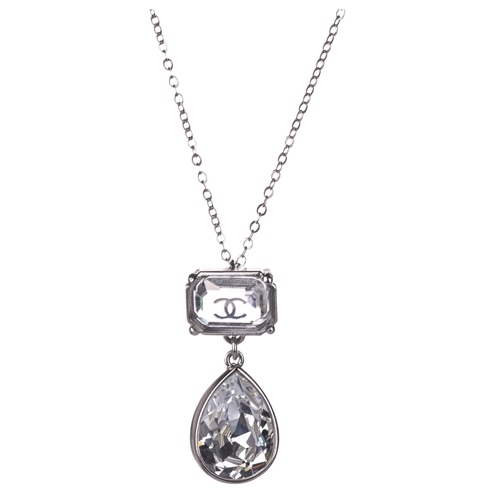 Chanel Silver CC Rhinestone Teardrop Pendant Necklace Silvery Metal Plastic  ref.236552 - Joli Closet