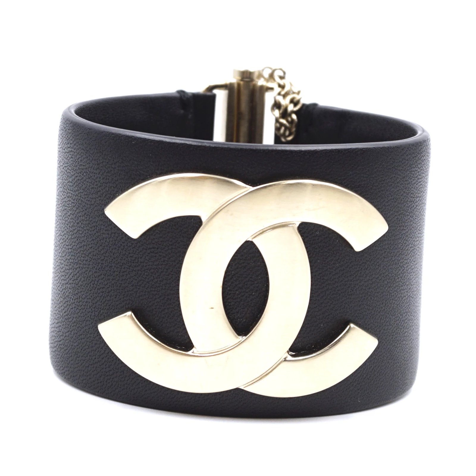 Chanel Gold Black Leather Wide CC Glide Lock Cuff ref.237815 - Joli Closet