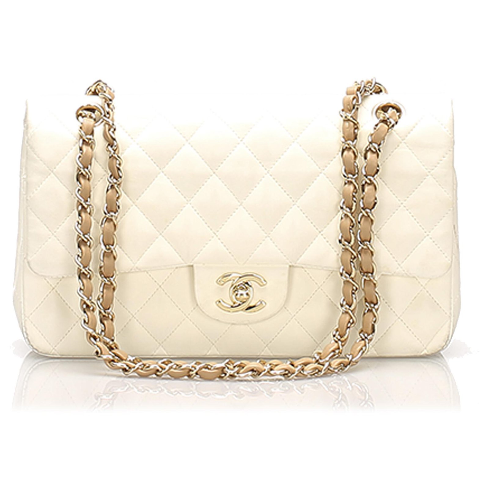 Chanel White Medium Classic Lambskin lined Flap Bag Brown Beige