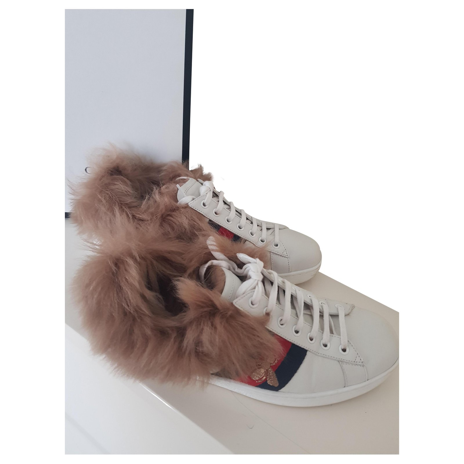 white gucci sneakers with fur