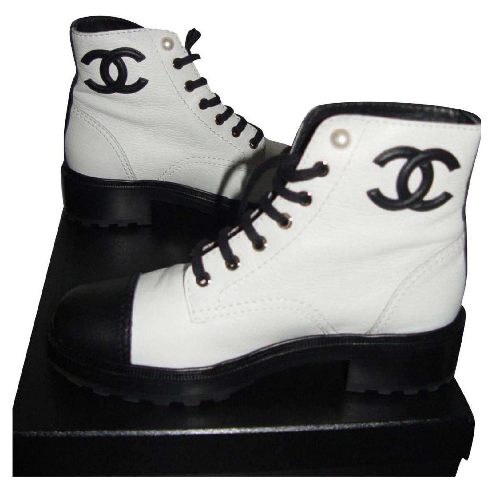Chanel NIB Black White Ankle Boots  Vintage Lux