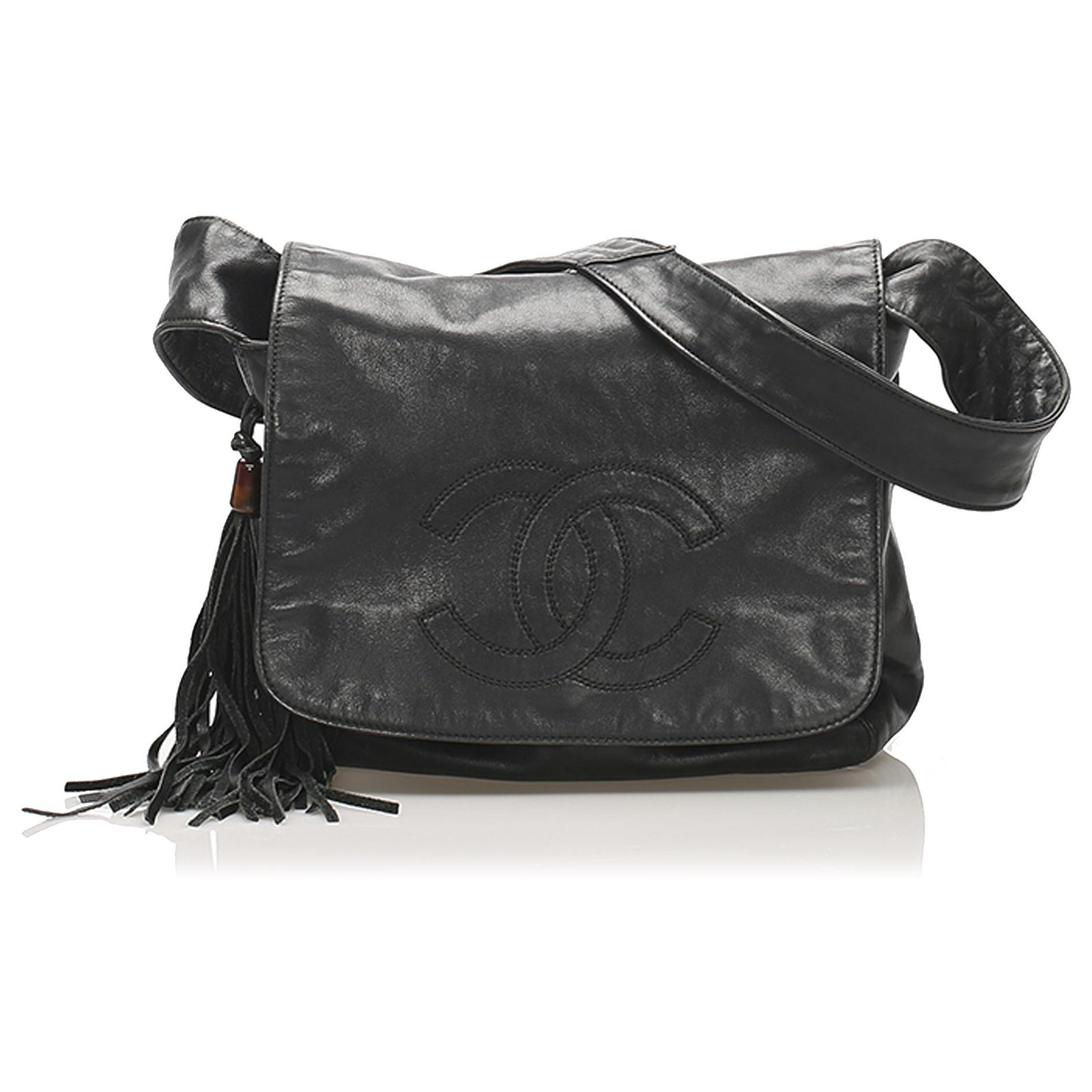 CHANEL Leather CC Logo Tassel Flap Messenger Bag Black