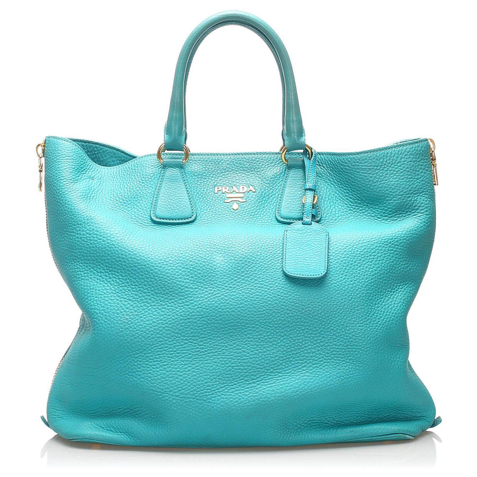 Prada Teal Vitello Daino Leather Front Zip Tote Prada