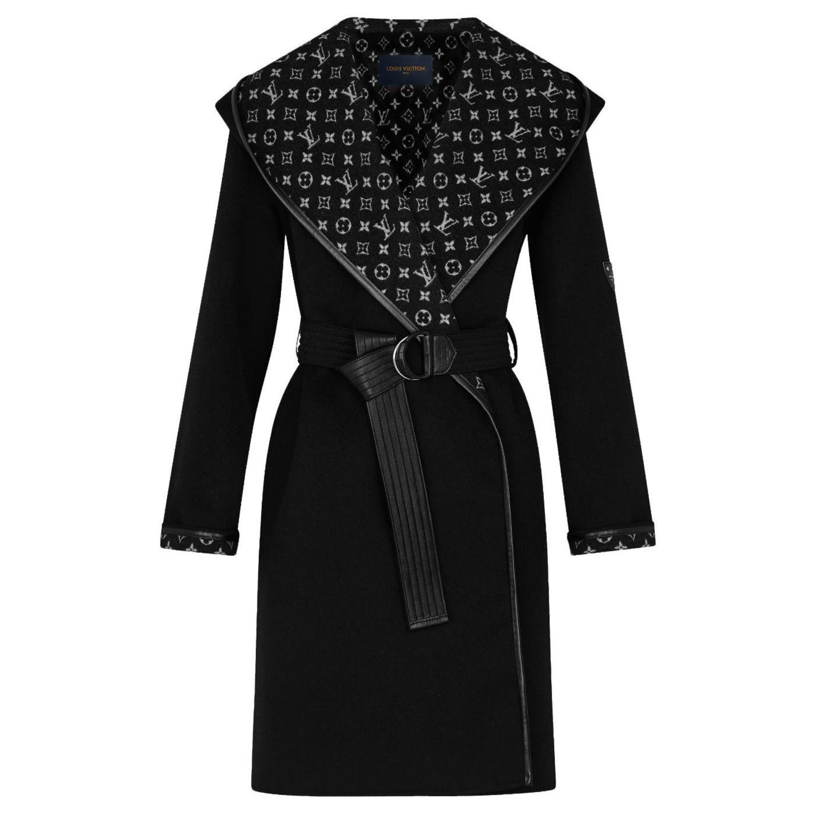 Louis Vuitton Black Coat With Leather Trim & Belt (CA36929) Size Fr 38 / M