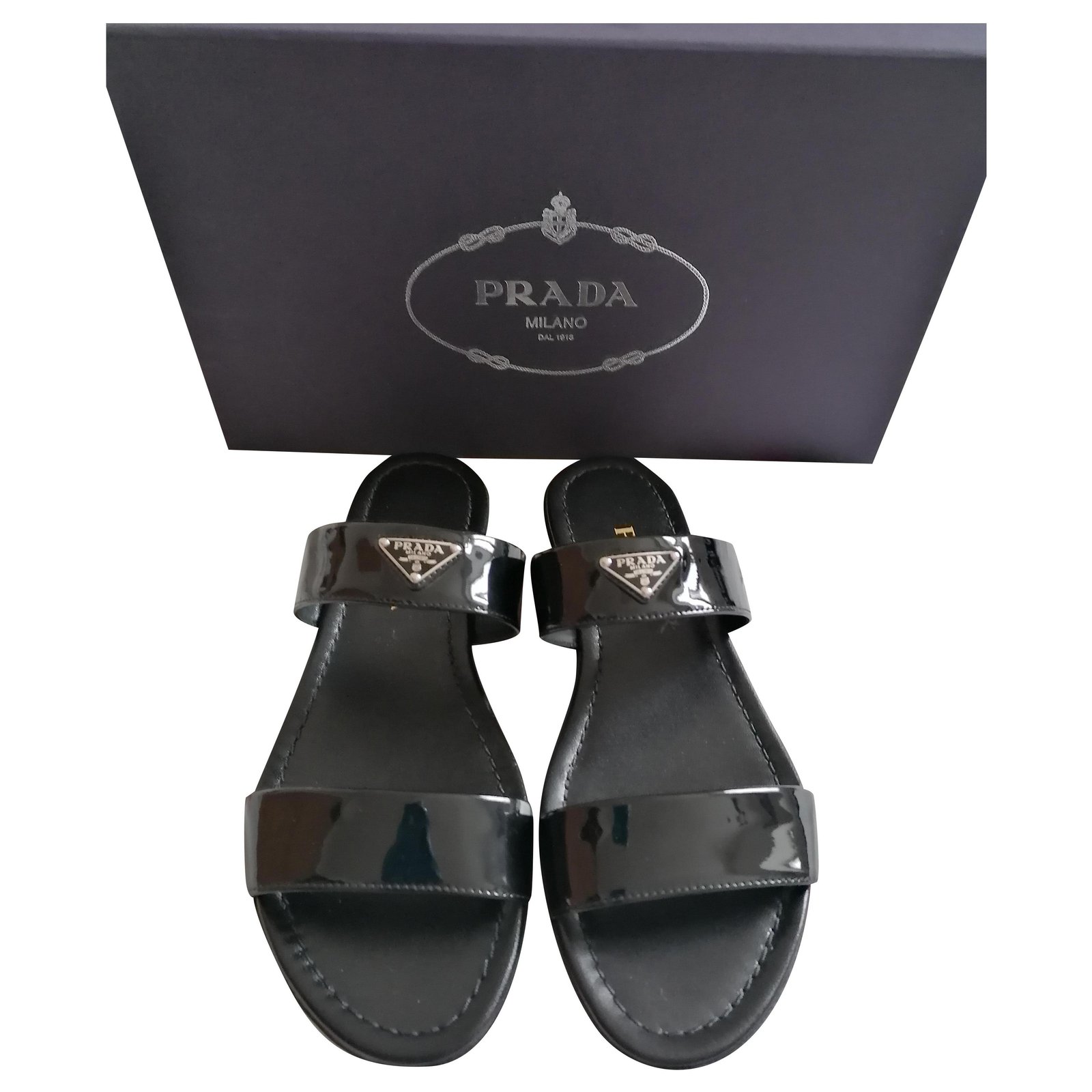 prada patent leather logo sandals