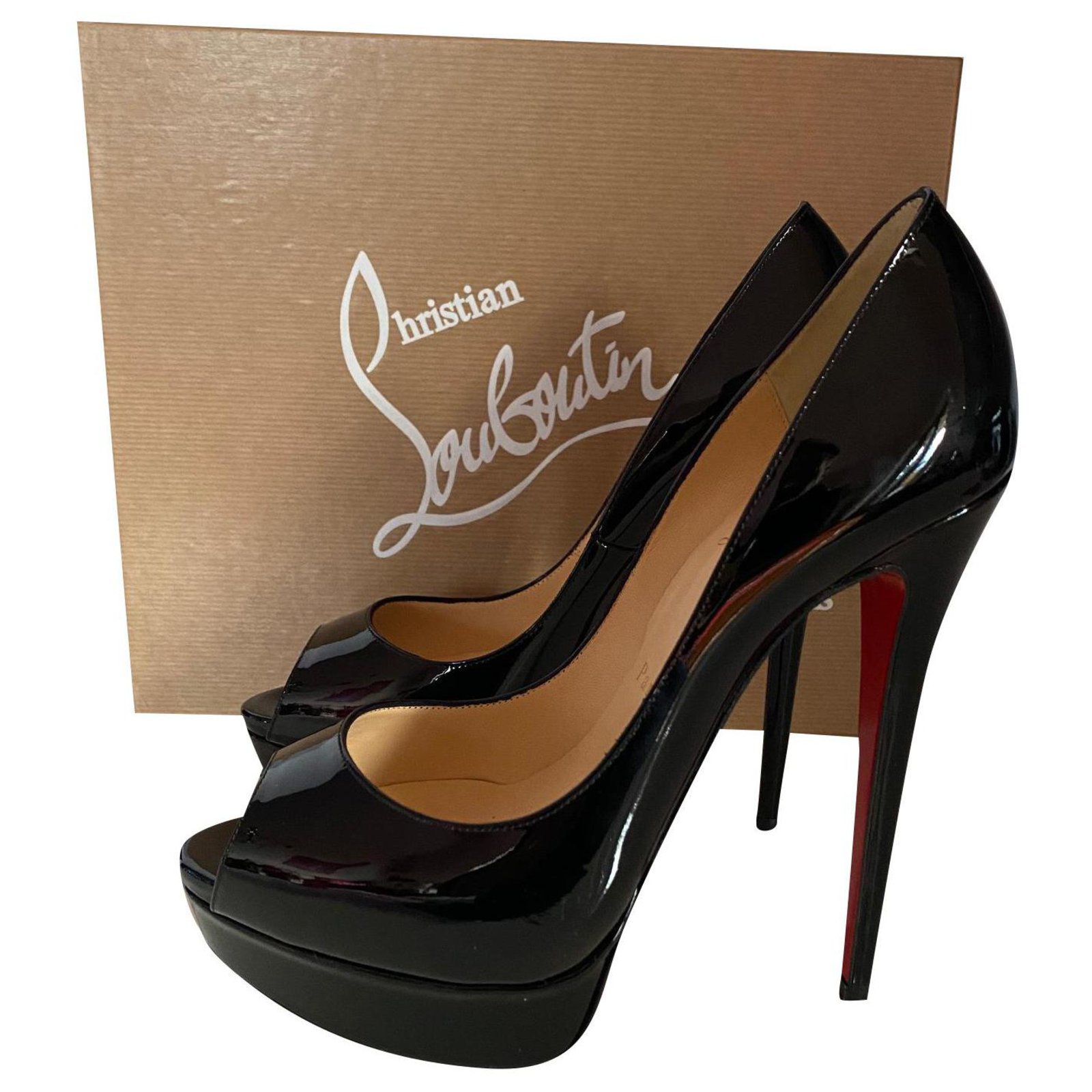 Christian Louboutin Lady Peep patent leather Red Heel Pumps Black