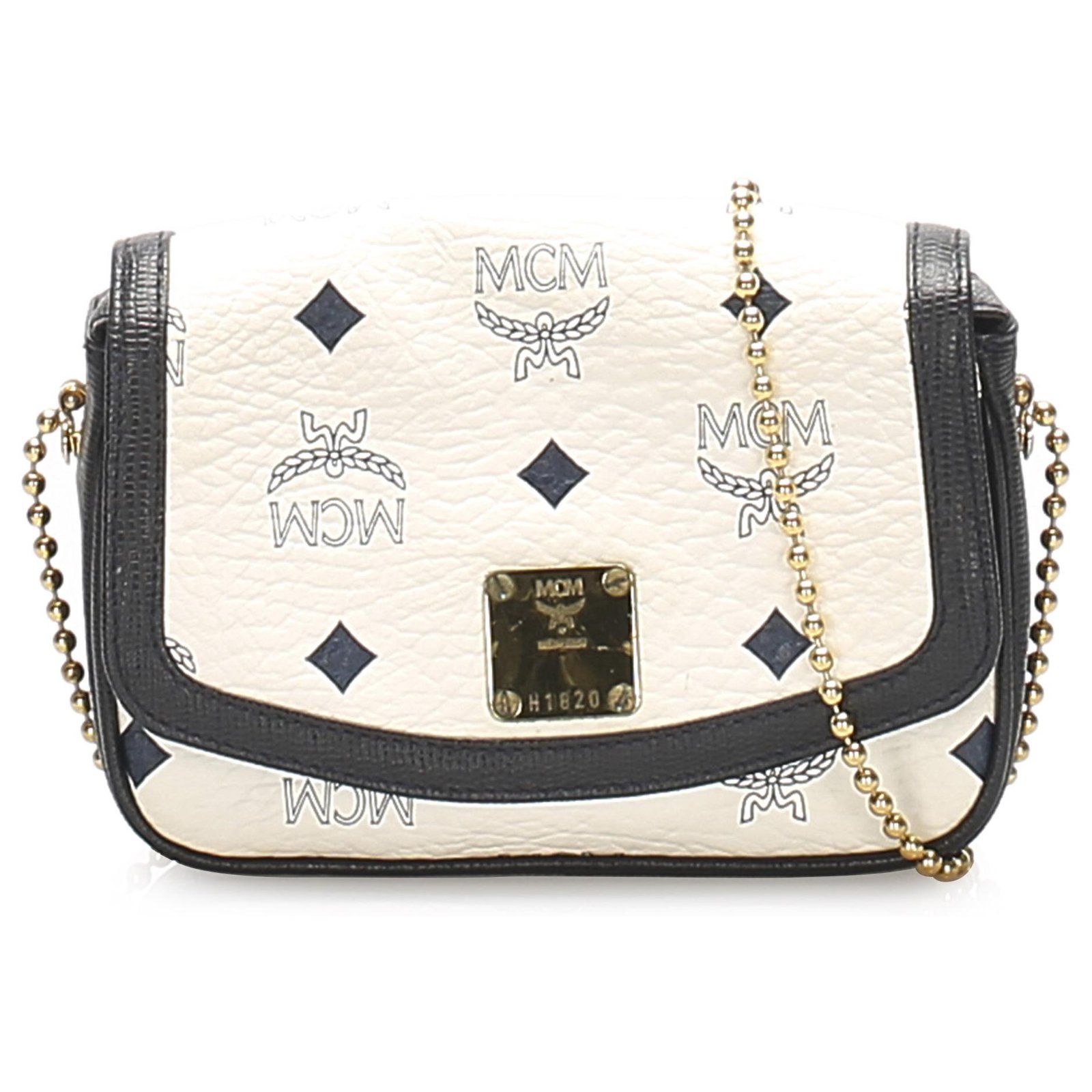 MCM White Visetos Leather Chain Crossbody Bag Black Metal Pony style calfskin ref.243779 Joli Closet