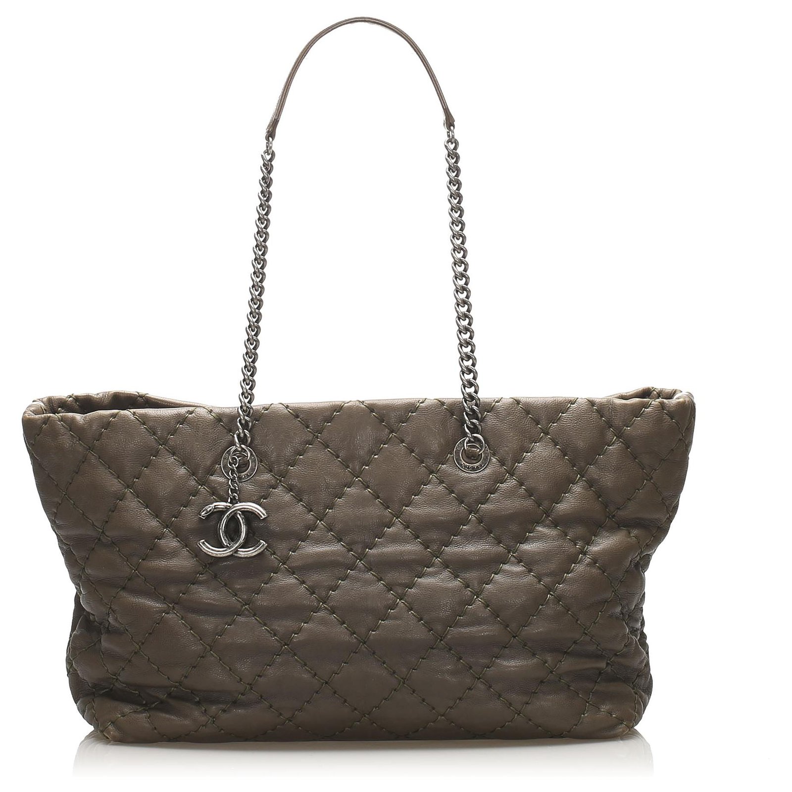 Chanel Brown CC Wild Stitch Leather Tote Bag Khaki ref.244136