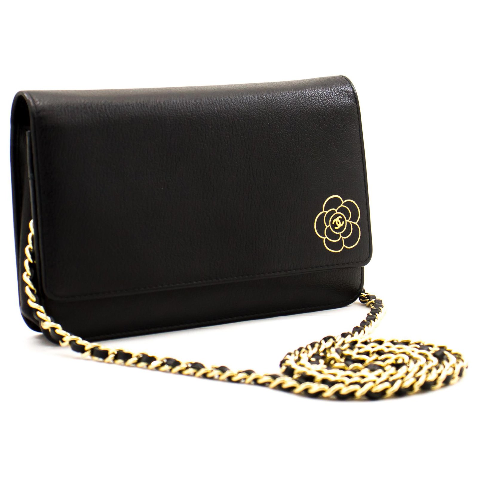 CHANEL Lambskin Quilted Sweet Camellia Wallet on Chain WOC Black 1249928