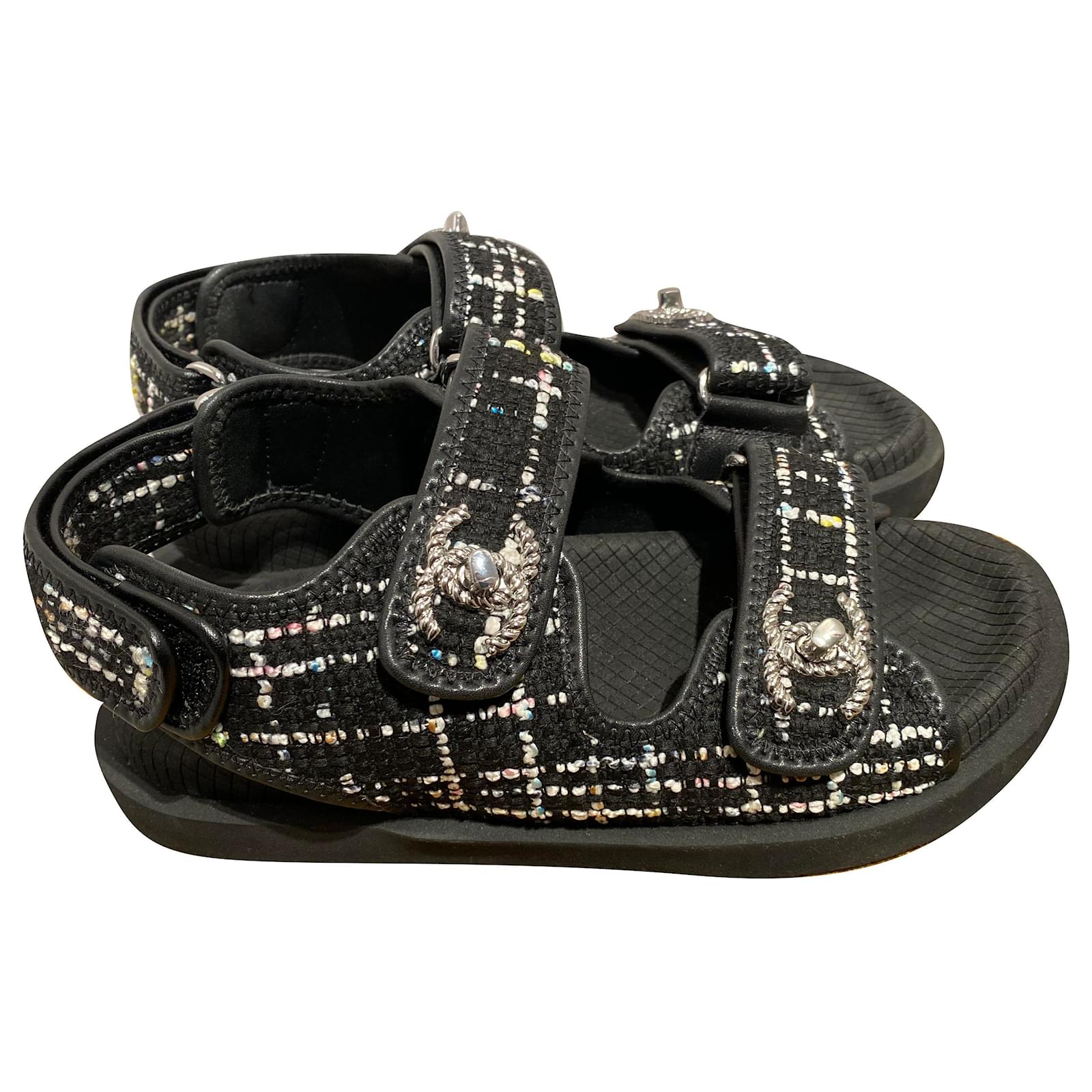 CHANEL Tweed Lambskin Crystal CC Sandals 40 Black Multicolor 1269273