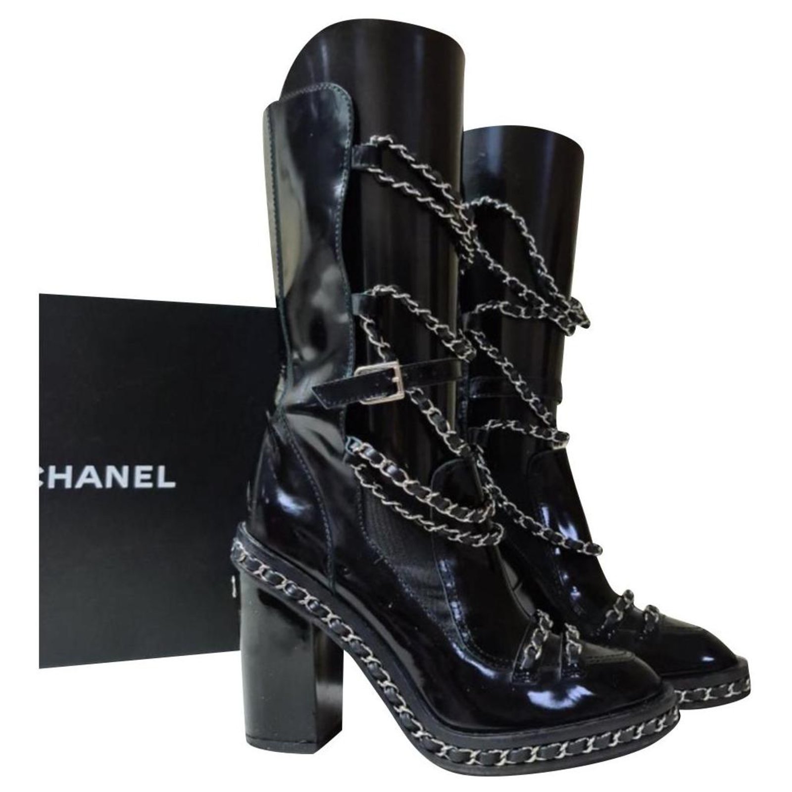 Chanel CC Chain Obsession Patent Boots Black Leather ref.244693