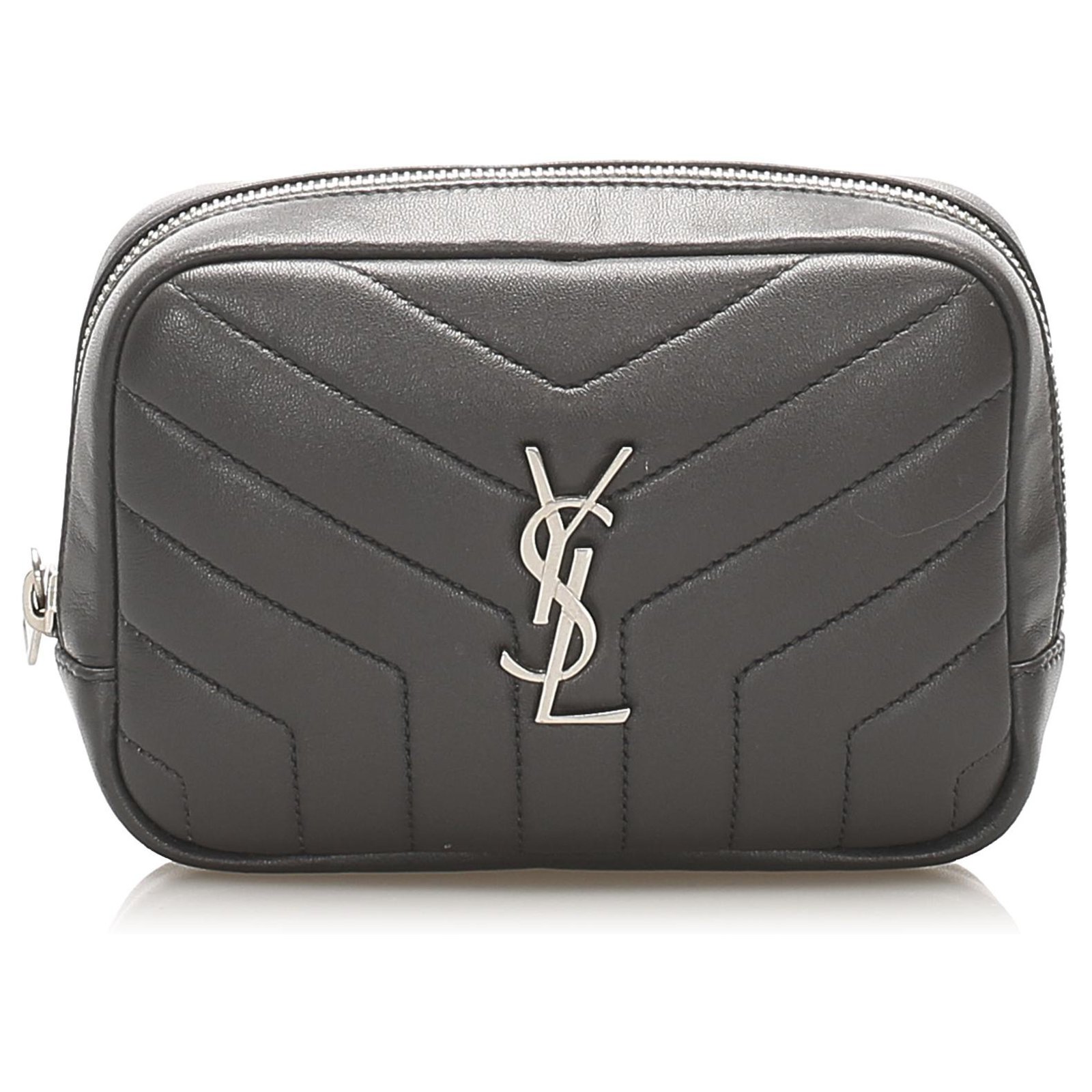 Yves Saint Laurent Monogram Leather Pouch Grey