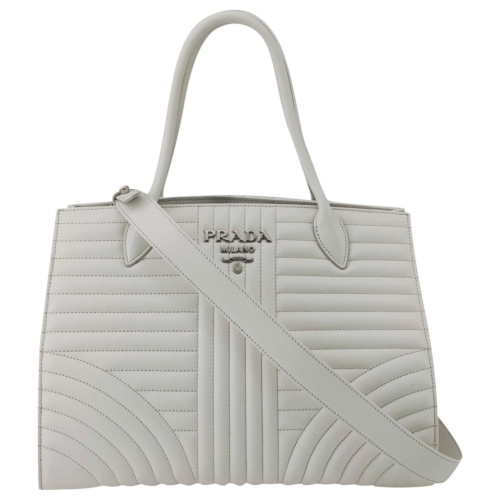 Prada, Diagramme shoulder bag in white leather  - Joli Closet