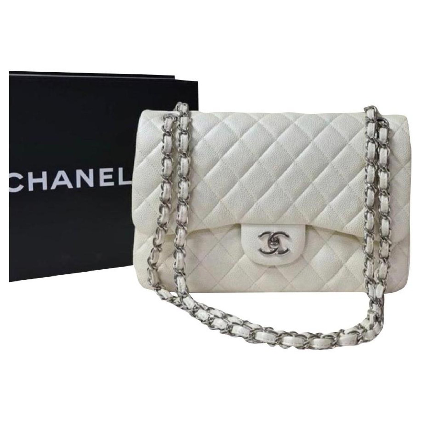 Chanel Jumbo lined flap bag Caviar Ivory SHW Beige Leather ref