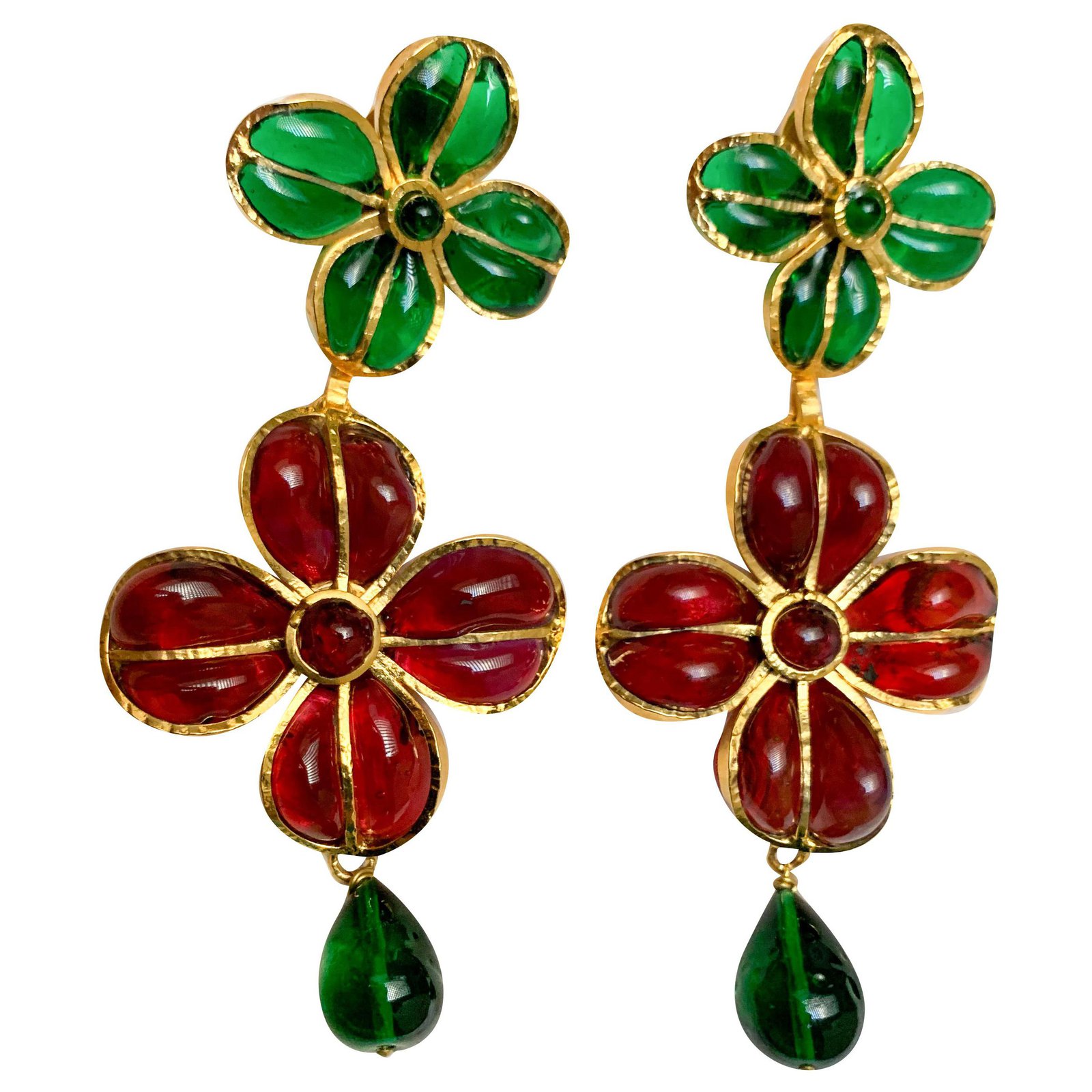 Chanel Gripoix earrings Red Golden Green Glass  - Joli Closet