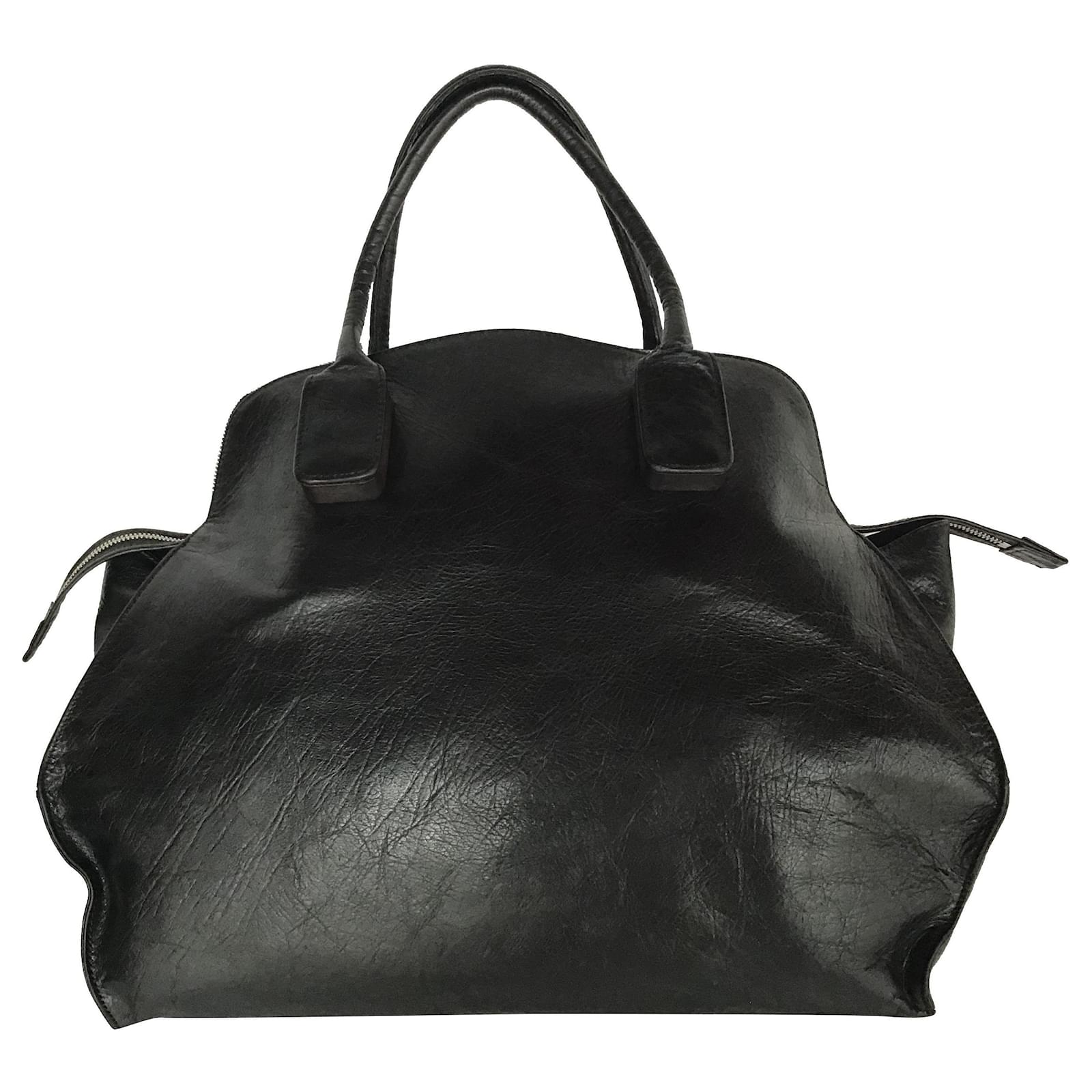 Yohji Yamamoto Leather Bag With Wooden Handle Tabs Black ref