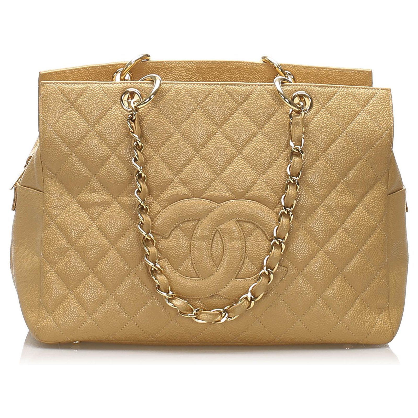 Chanel Gold Quilted Calfskin Leather Chain Shopping Tote Bag